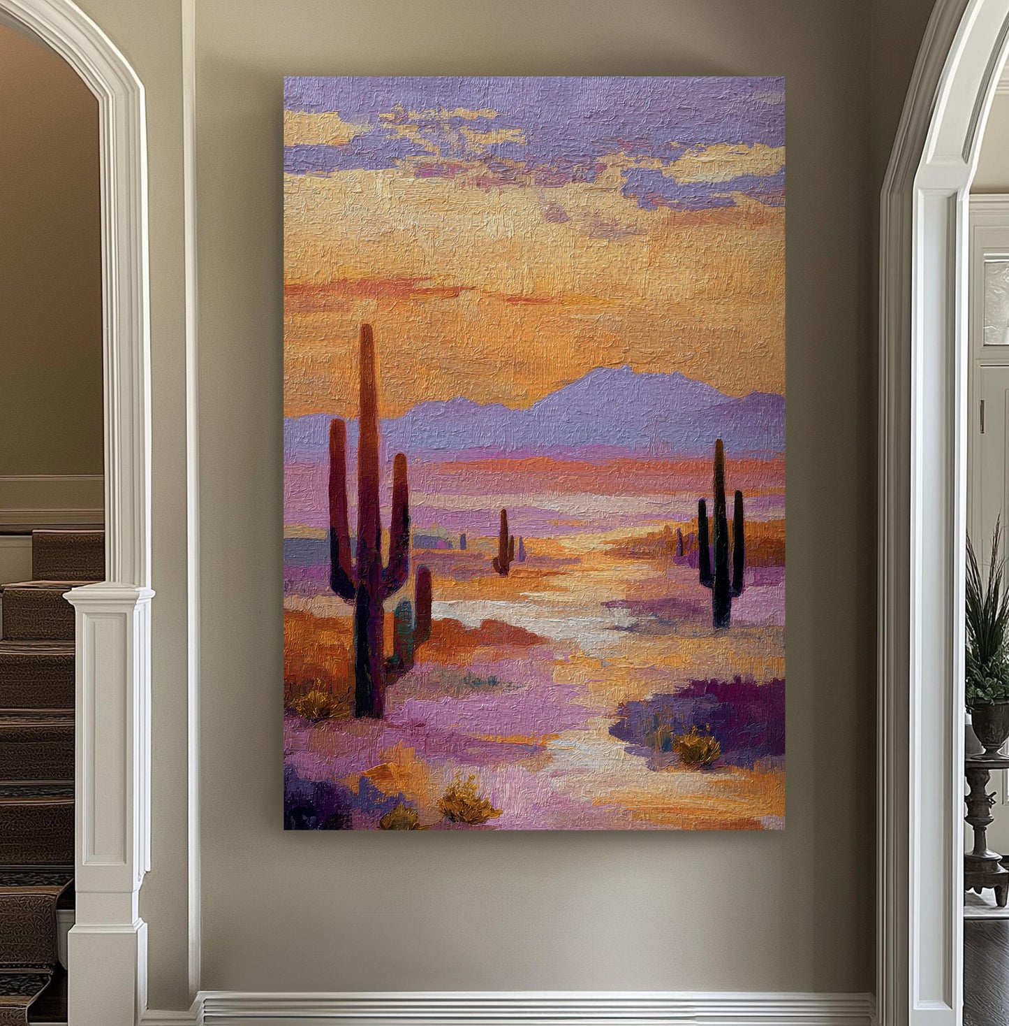 Desert Sunset Serenity Canvas Art Impressionist Print Southwestern Wall Art For Living Room Dusky Lavender Art Cactus Vertical Canvas