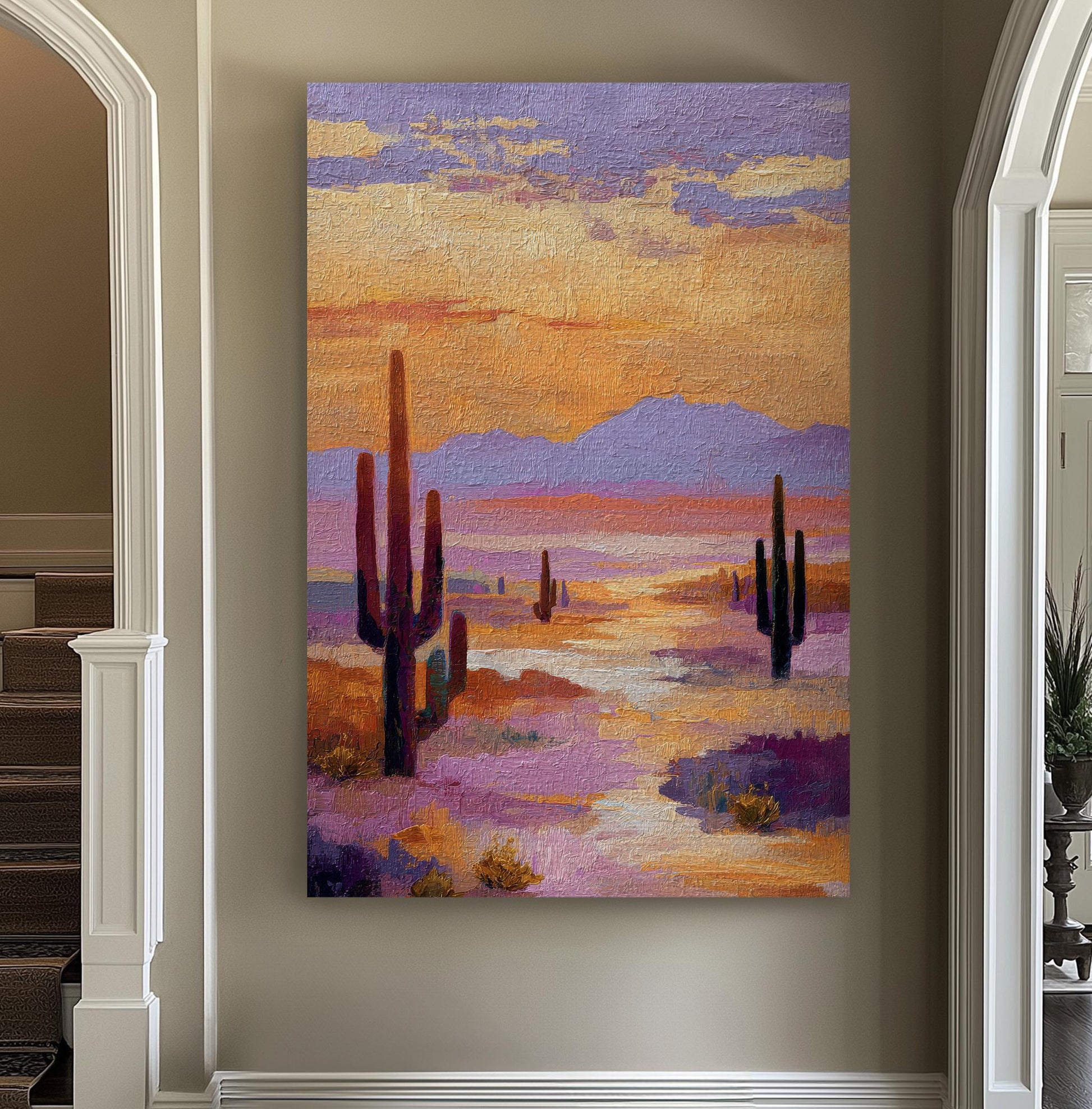 Desert Sunset Serenity Canvas Art Impressionist Print Southwestern Wall Art For Living Room Dusky Lavender Art Cactus Vertical Canvas