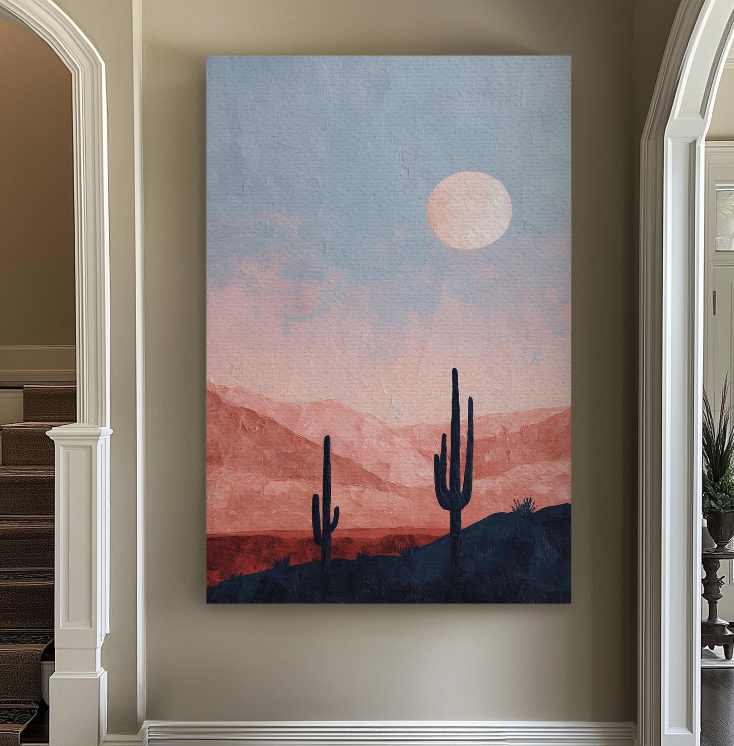 Desert Moonrise Canvas Art Impressionist Landscape Print Modern Wall Art For Living Room Blush Sunset Art Cactus Decor Vertical Canvas