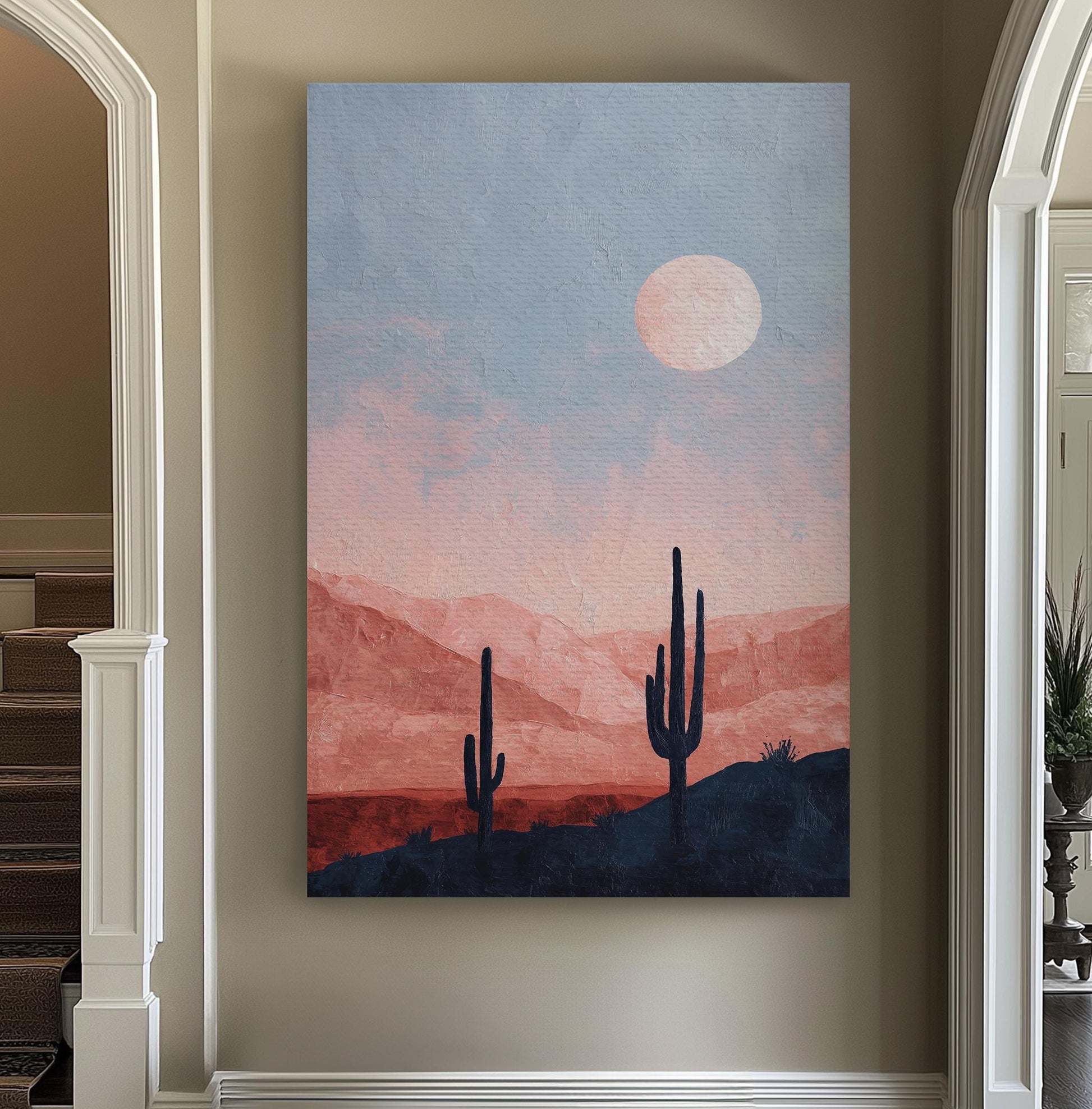 Desert Moonrise Canvas Art Impressionist Landscape Print Modern Wall Art For Living Room Blush Sunset Art Cactus Decor Vertical Canvas