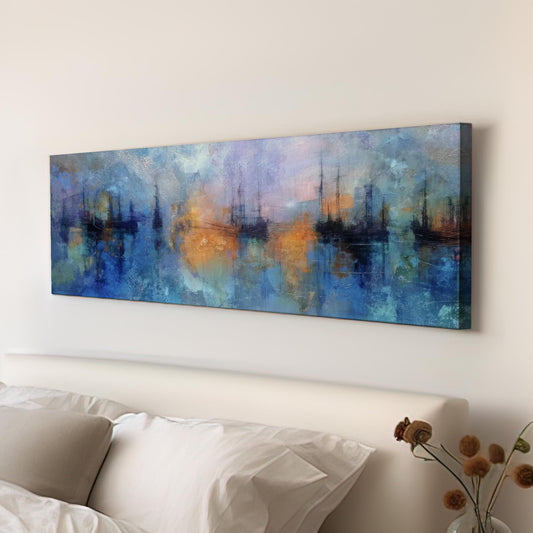 Whispering Masts Canvas Art Abstract Print Modern Wall Art For Living Room Azure Sunset Art Maritime Decor Panoramic Wall Art