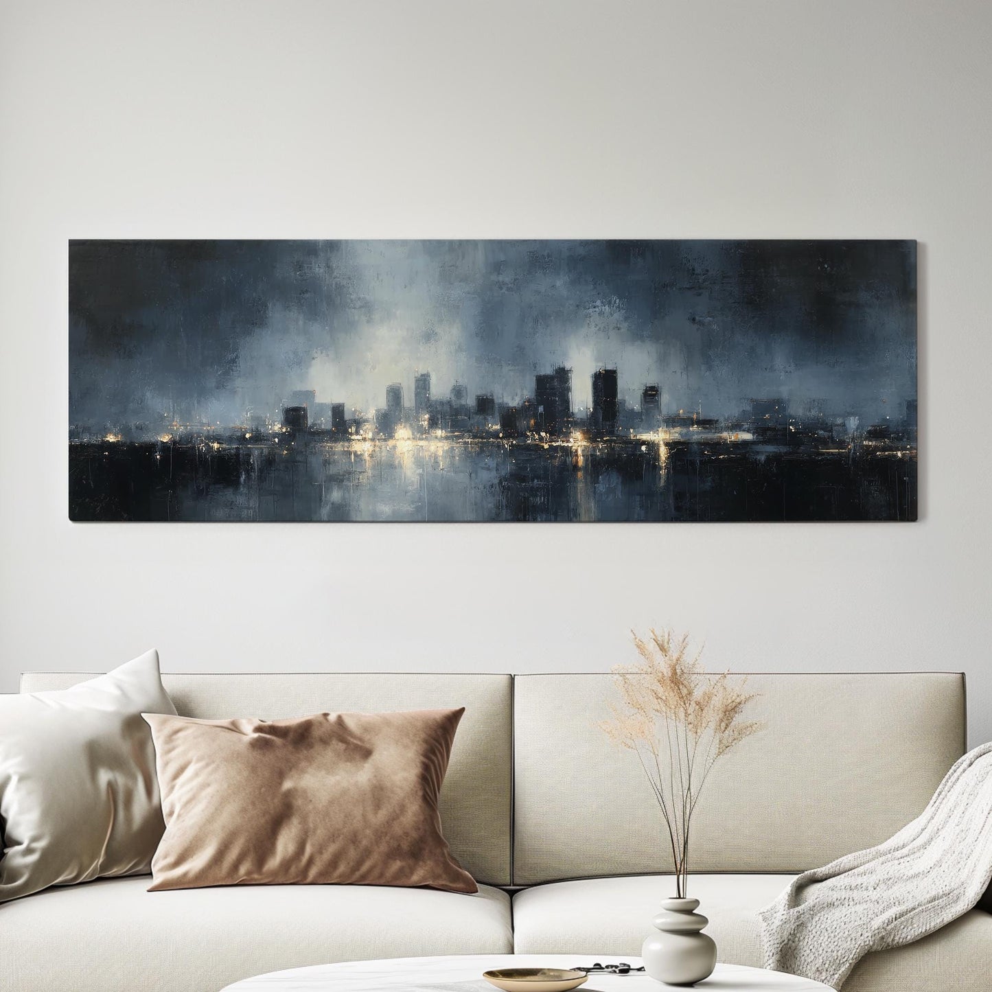 Urban Dawn Canvas Art Abstract Cityscape Print Contemporary Wall Art For Living Room Midnight Sapphire Art Skyline Decor Panoramic Wall Art