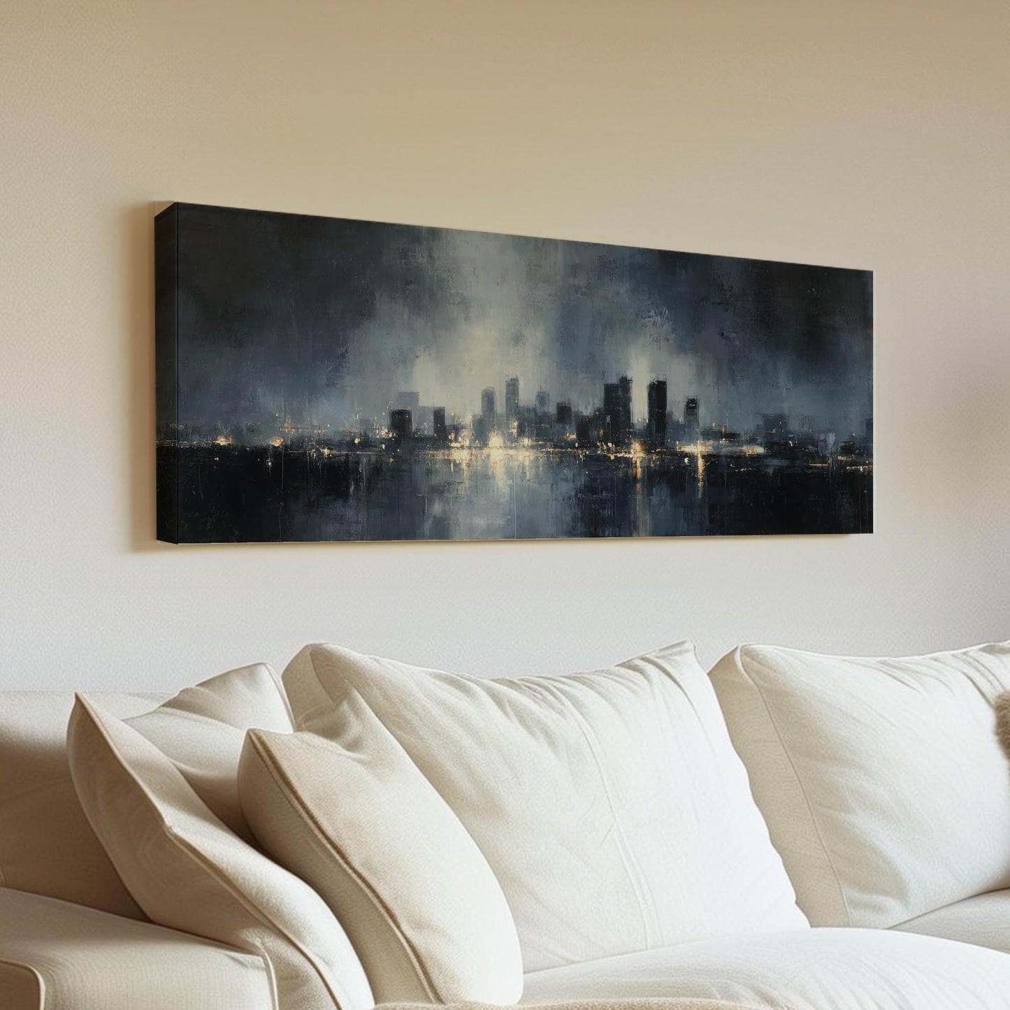Urban Dawn Canvas Art Abstract Cityscape Print Contemporary Wall Art For Living Room Midnight Sapphire Art Skyline Decor Panoramic Wall Art