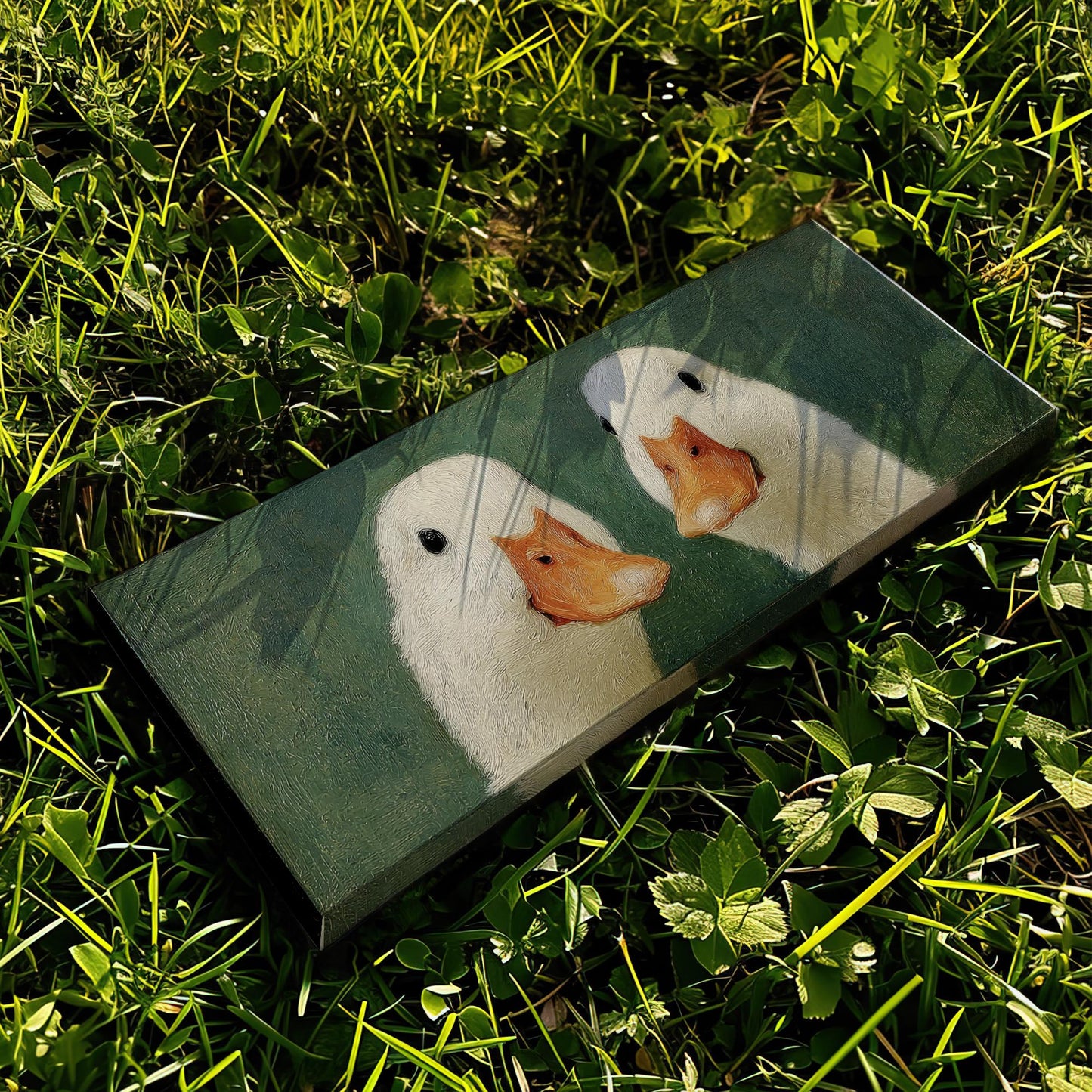 Two Ducks in Whimsy Canvas Art Impressionistic Print Eclectic Wall Art For Kitchen Verdant Green Art Animal Pair Decor Panoramic Wall Art