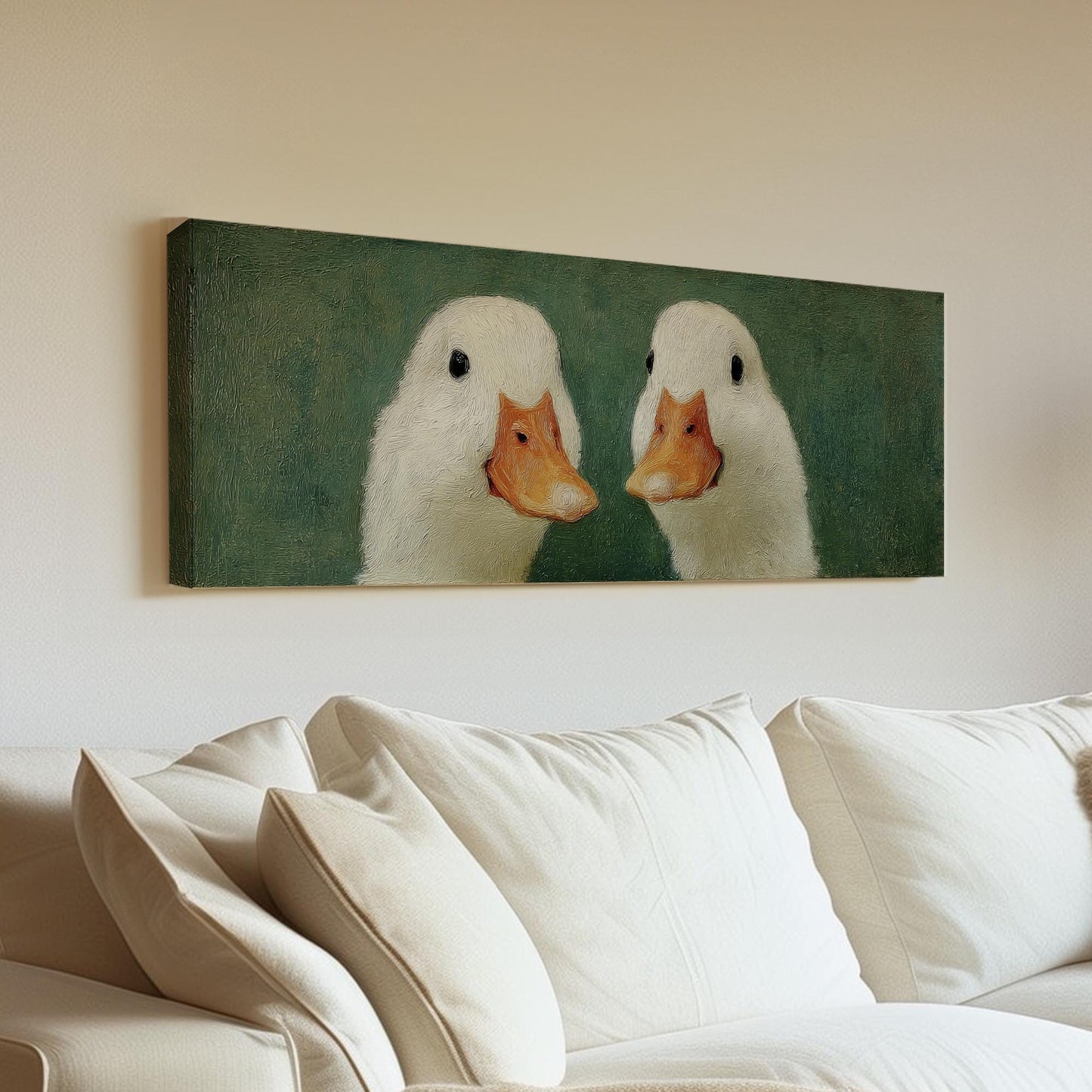 Two Ducks in Whimsy Canvas Art Impressionistic Print Eclectic Wall Art For Kitchen Verdant Green Art Animal Pair Decor Panoramic Wall Art