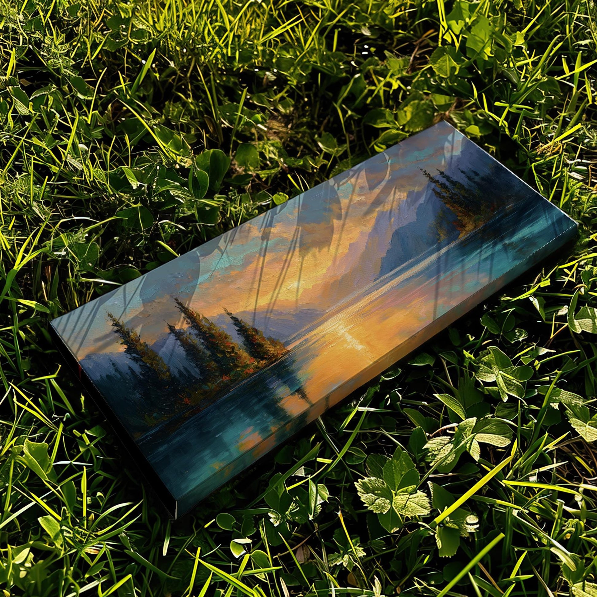 Sunset Serenity Canvas Art Impressionist Print Contemporary Wall Art For Living Room Golden Amber Art Mountain Lake Decor Panoramic Wall Art