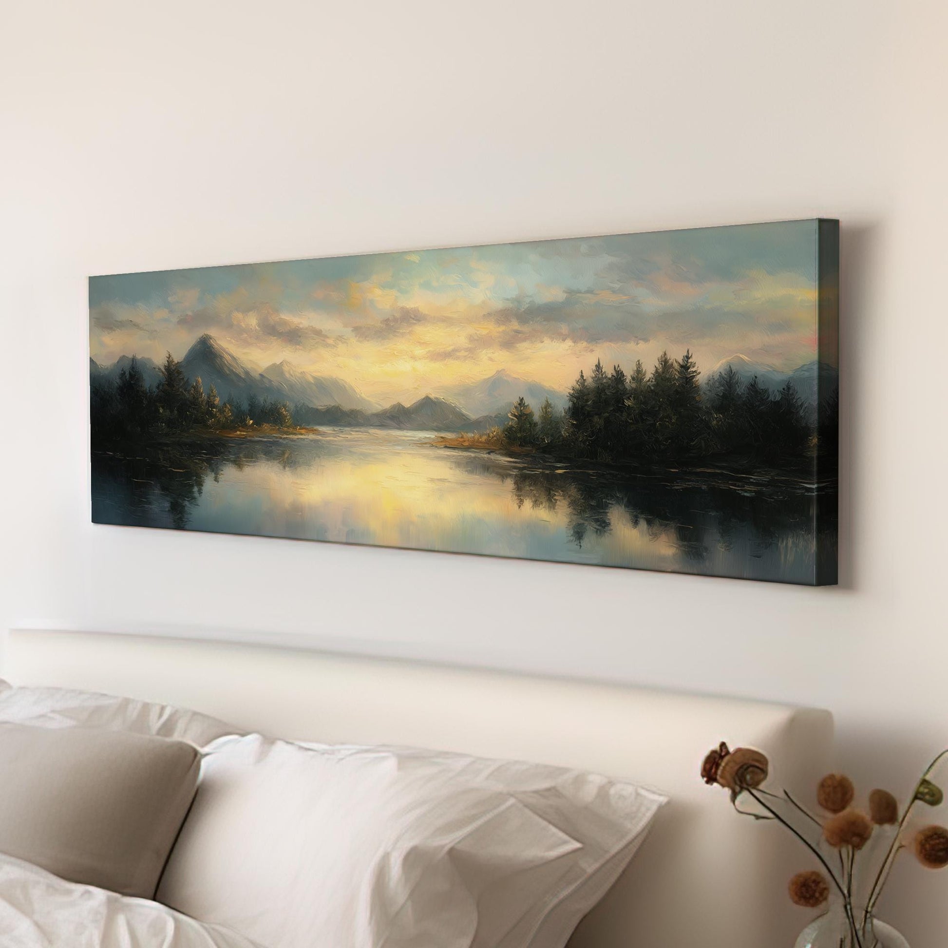 Sunset Over Serene Lake Canvas Art Impressionist Print Contemporary Wall Art For Living Room Amber Sky Art Mountain Landscape Panoramic Art