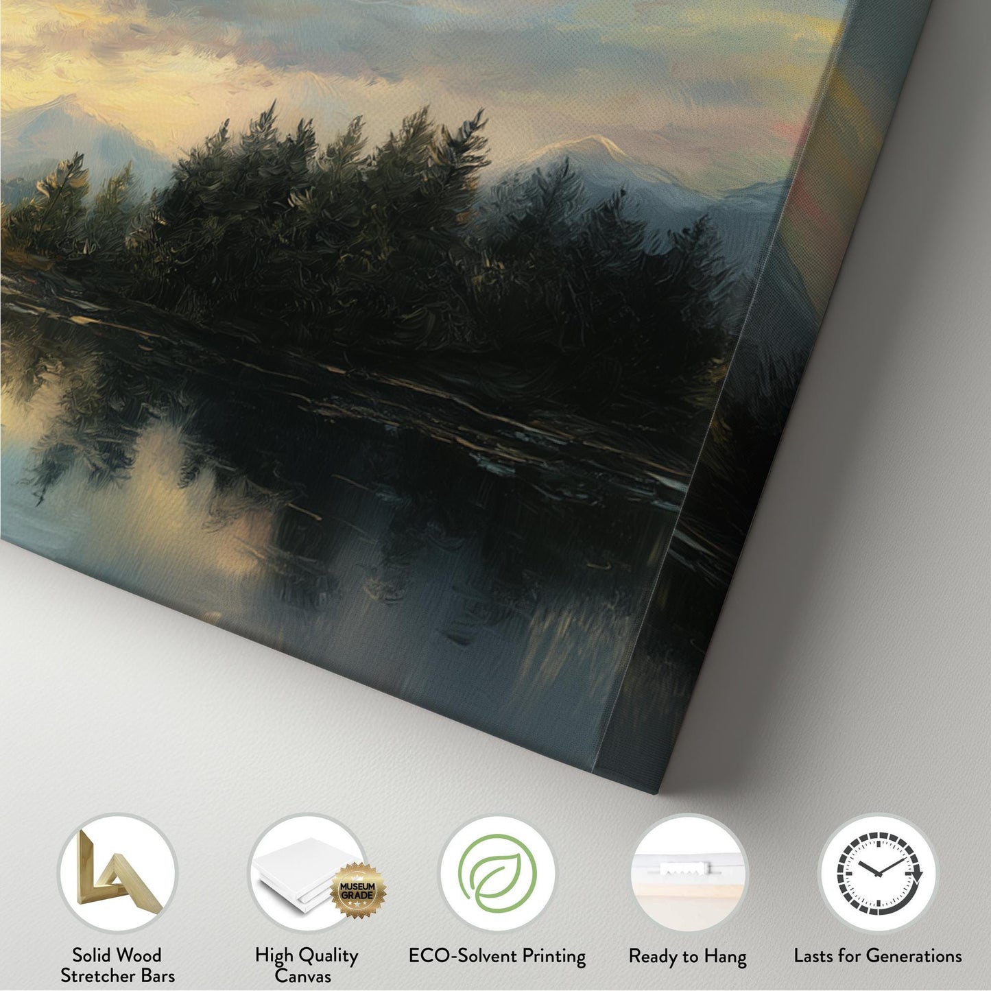 Sunset Over Serene Lake Canvas Art Impressionist Print Contemporary Wall Art For Living Room Amber Sky Art Mountain Landscape Panoramic Art