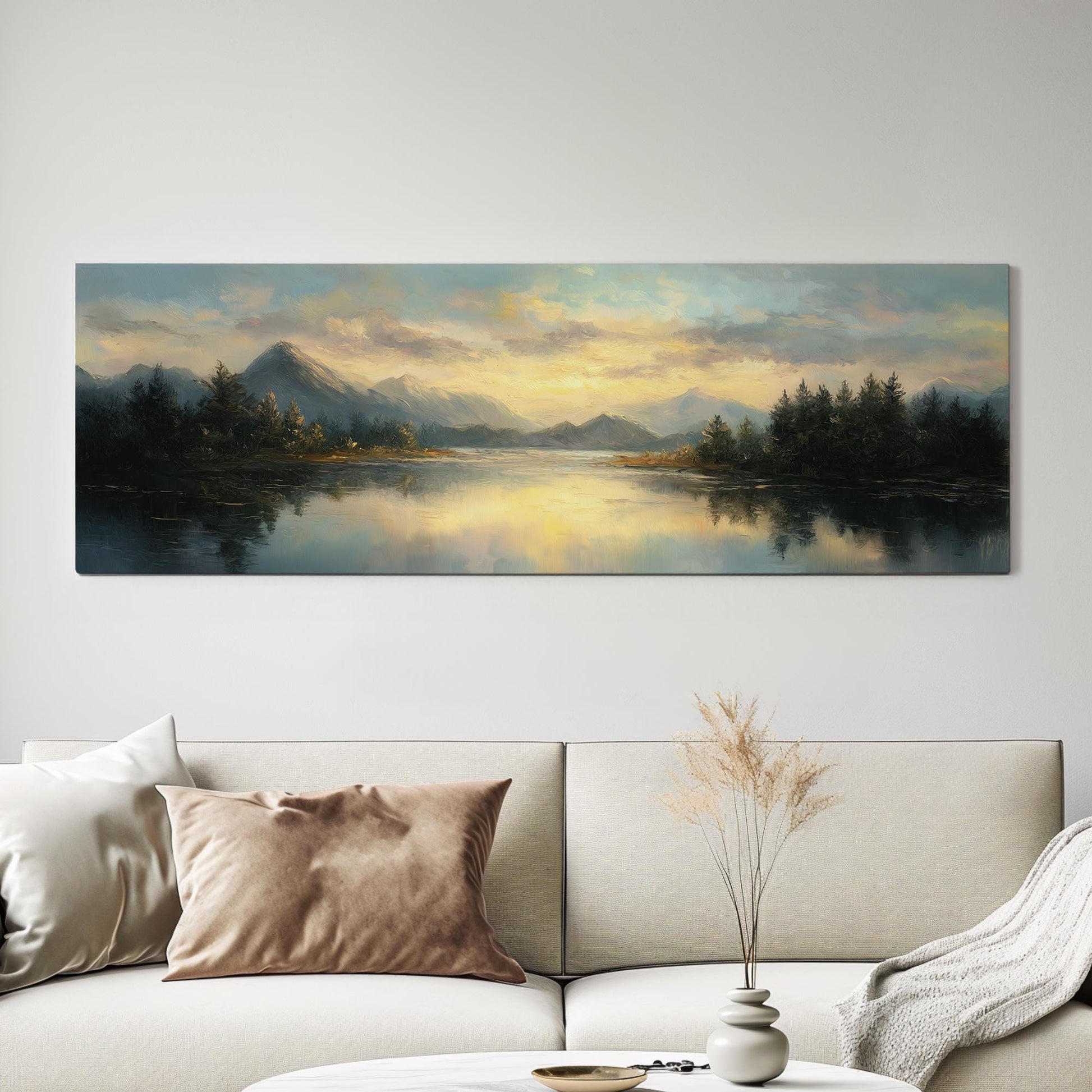 Sunset Over Serene Lake Canvas Art Impressionist Print Contemporary Wall Art For Living Room Amber Sky Art Mountain Landscape Panoramic Art