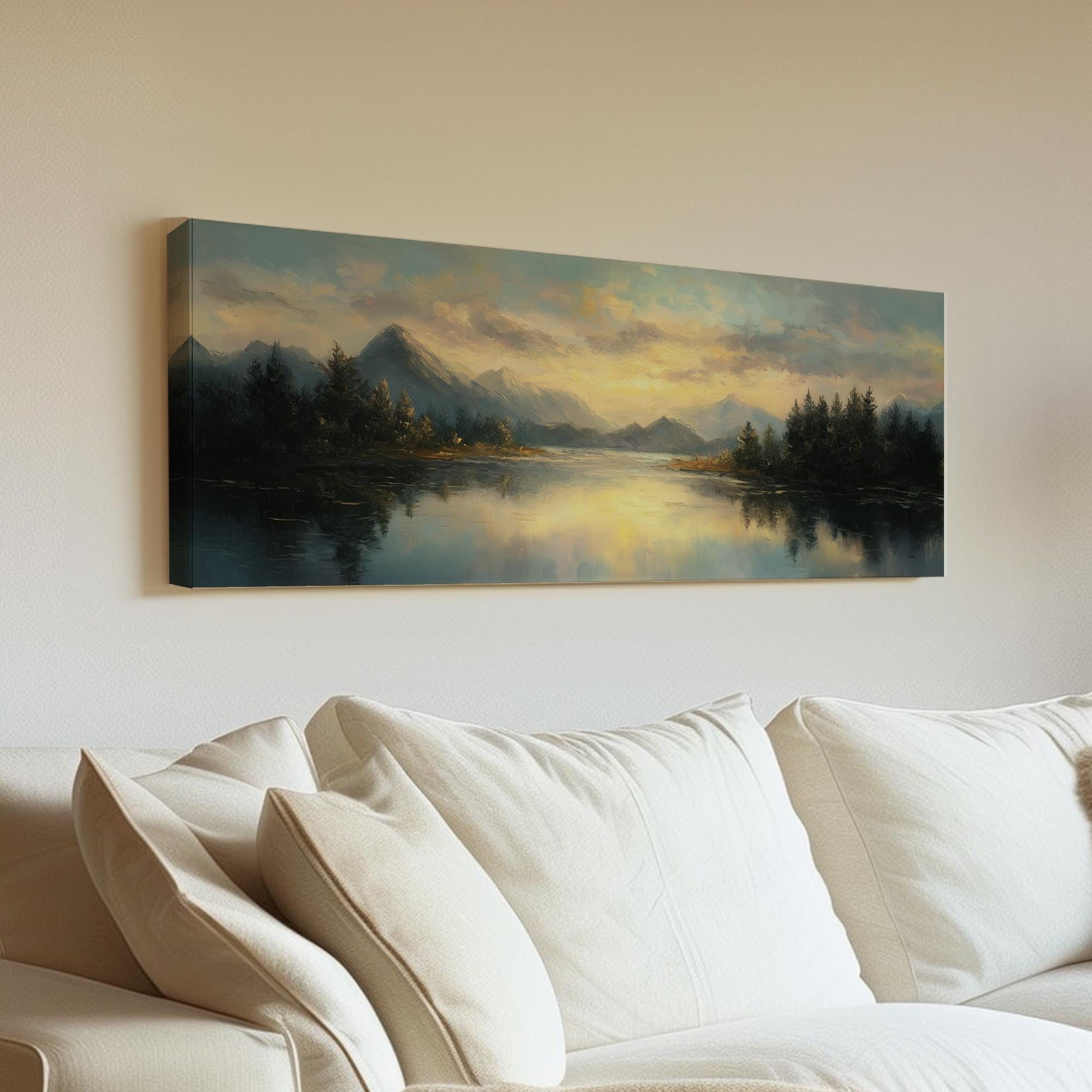 Sunset Over Serene Lake Canvas Art Impressionist Print Contemporary Wall Art For Living Room Amber Sky Art Mountain Landscape Panoramic Art