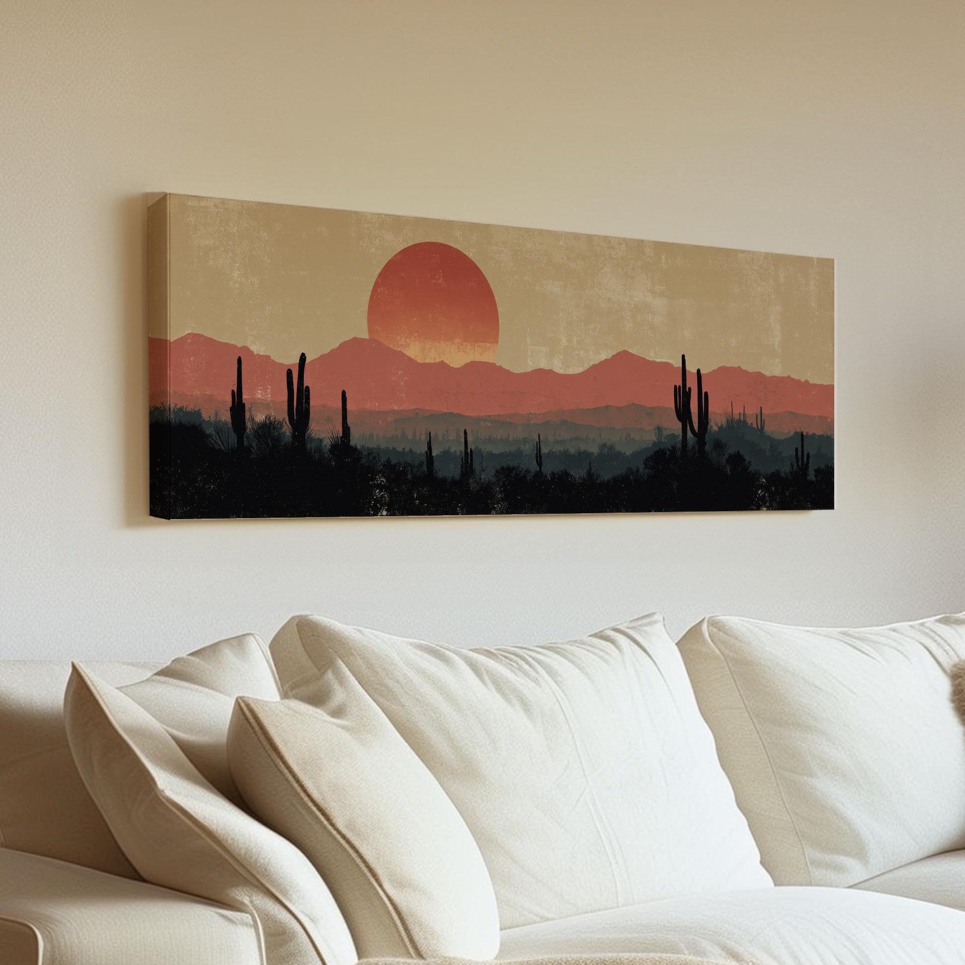 Sunset Over Desert Horizons Canvas Art Southwestern Print Bohemian Wall Art For Living Room Sienna Dusk Art Cactus Landscape Panoramic Art
