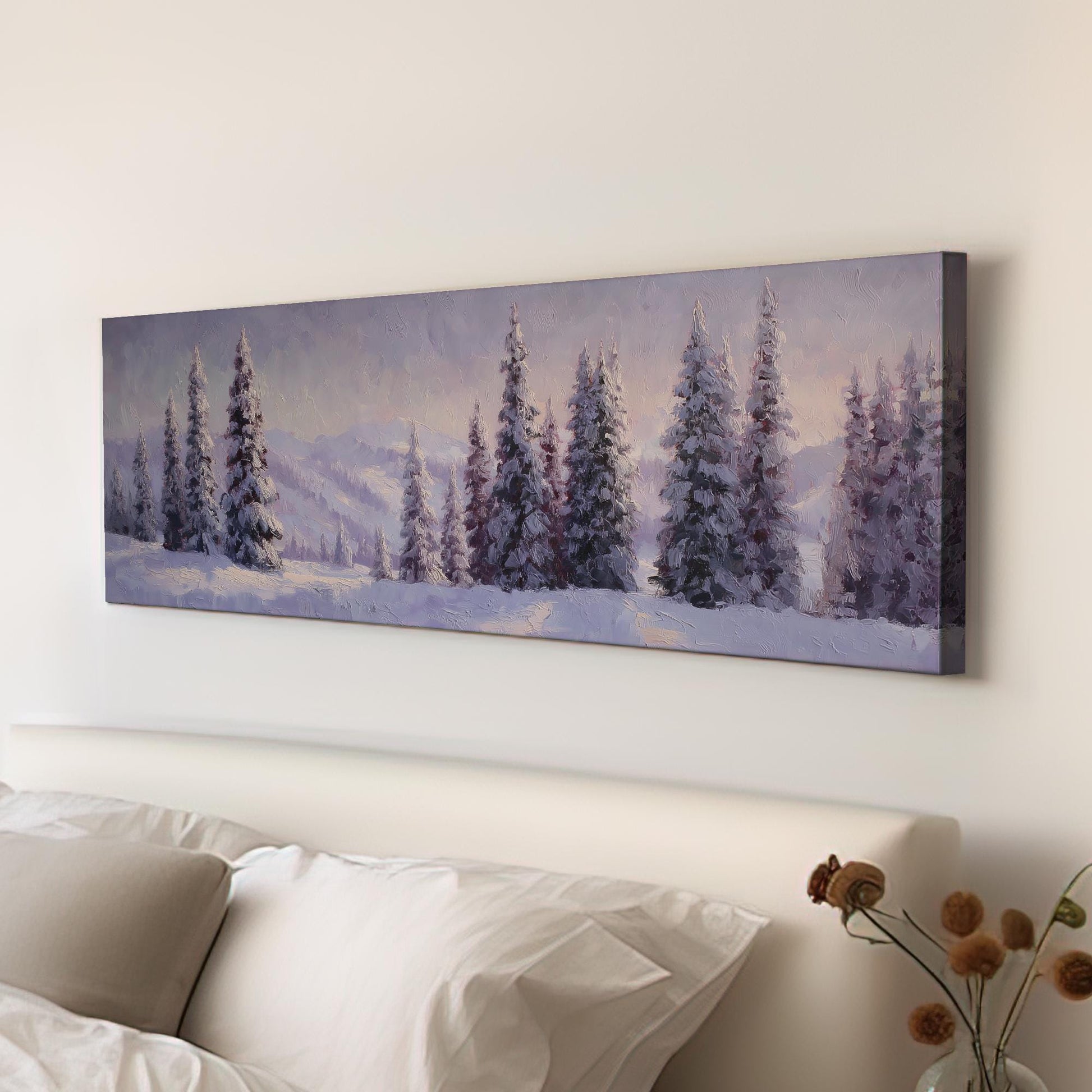 Snowy Pines Serenity Canvas Art Impressionist Print Rustic Wall Art For Living Room Lavender Mist Art Winter Landscape Decor Panoramic Art