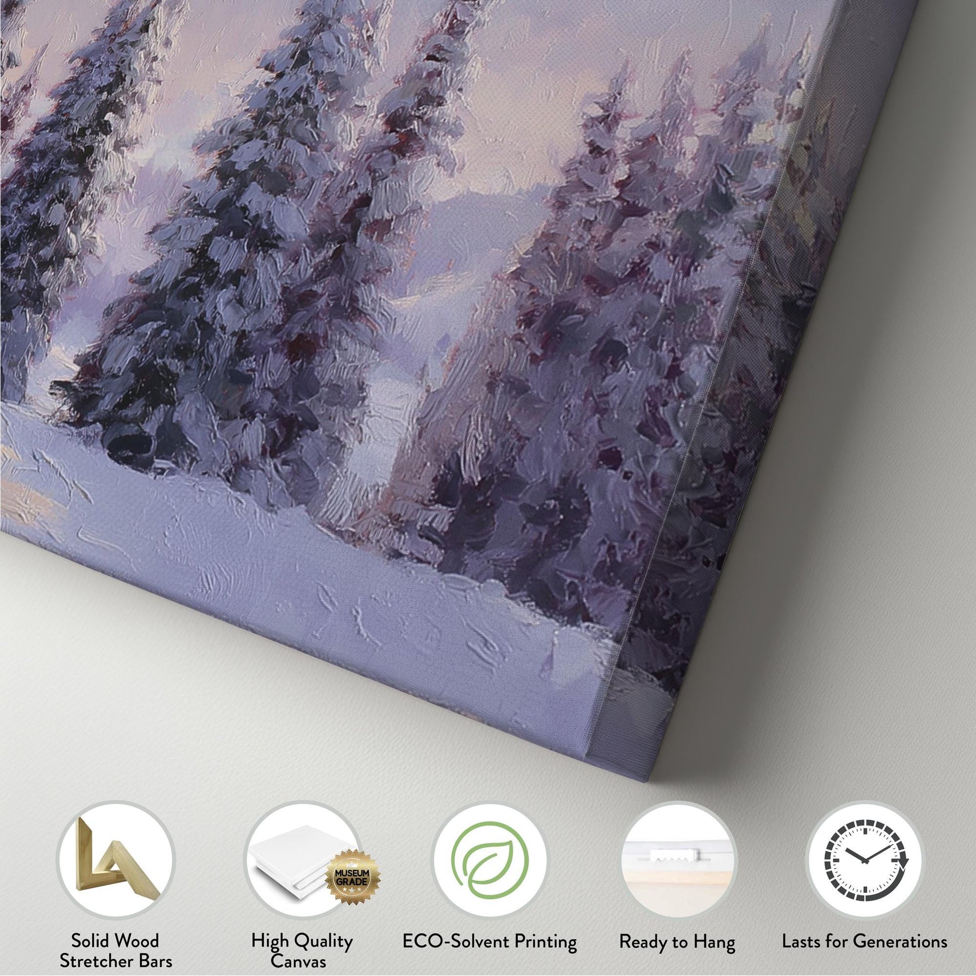 Snowy Pines Serenity Canvas Art Impressionist Print Rustic Wall Art For Living Room Lavender Mist Art Winter Landscape Decor Panoramic Art