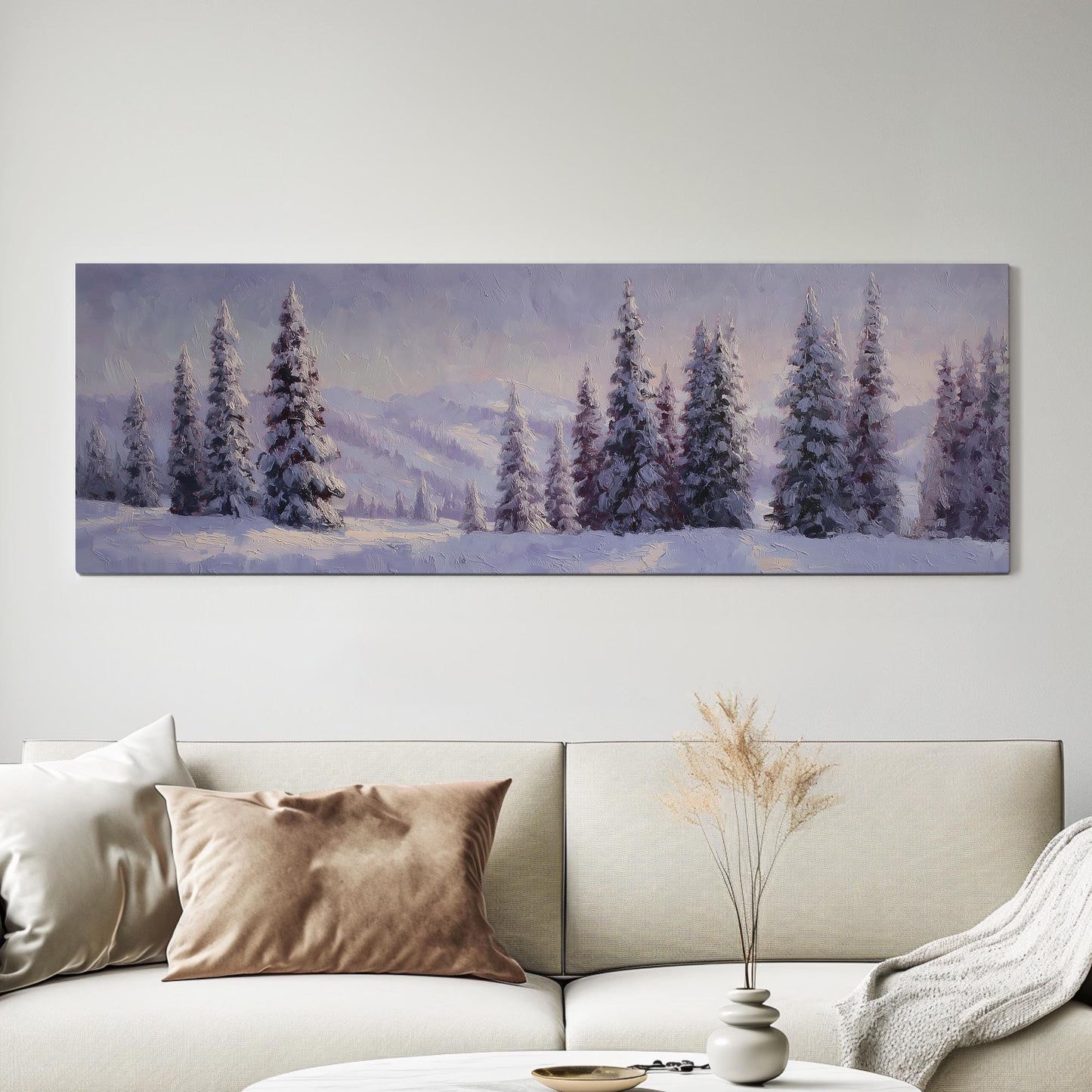 Snowy Pines Serenity Canvas Art Impressionist Print Rustic Wall Art For Living Room Lavender Mist Art Winter Landscape Decor Panoramic Art