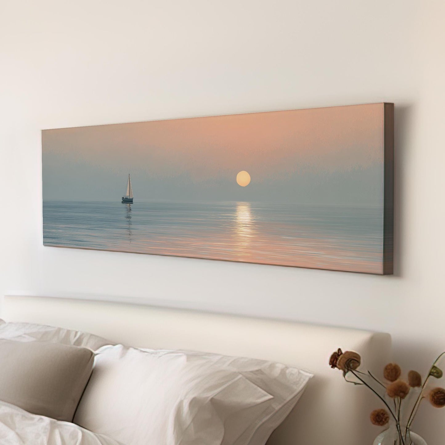 Serene Sunset Voyage Canvas Art Impressionist Print Coastal Wall Art For Living Room Peach Mist Art Sailboat Decor Panoramic Wall Art