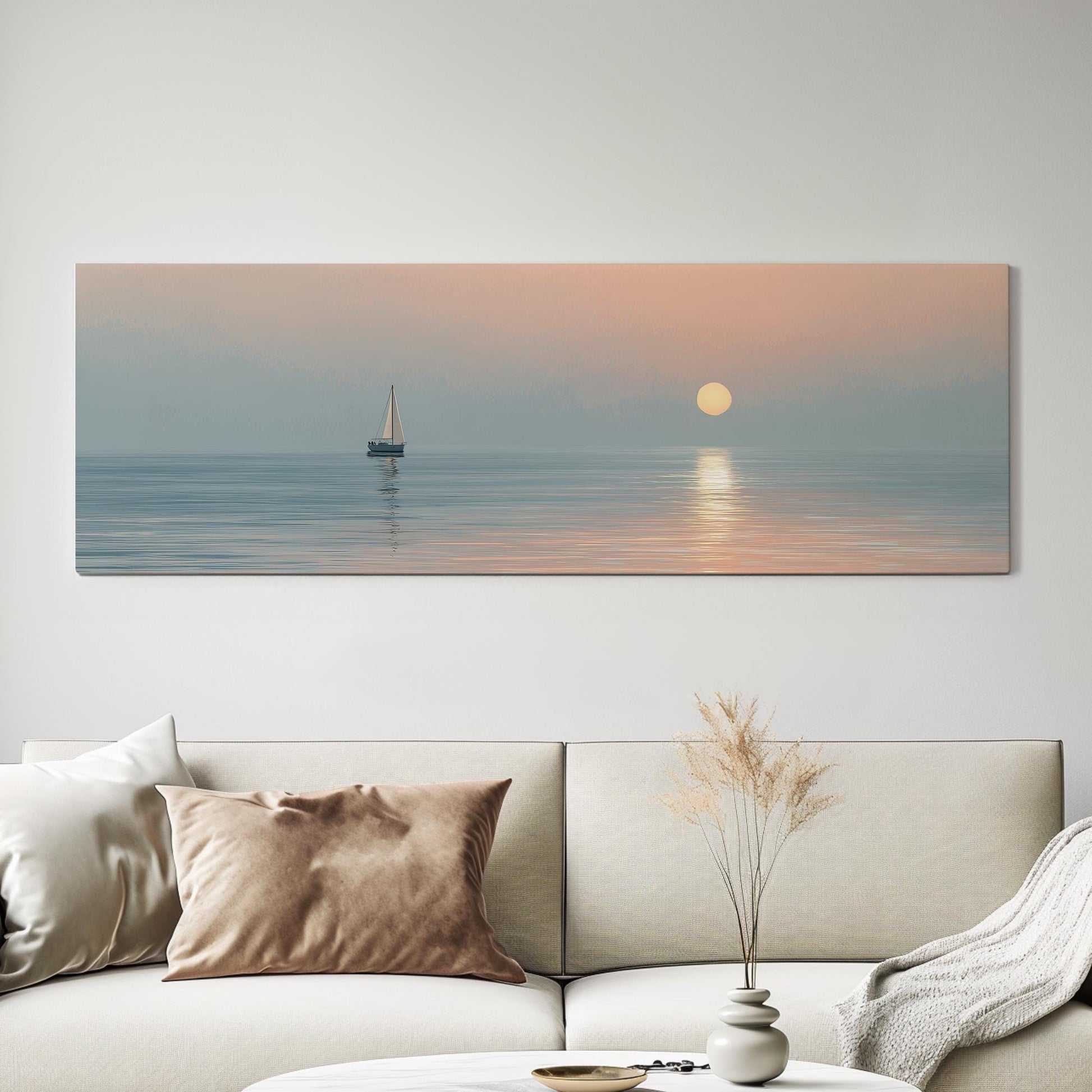 Serene Sunset Voyage Canvas Art Impressionist Print Coastal Wall Art For Living Room Peach Mist Art Sailboat Decor Panoramic Wall Art