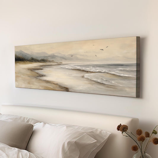 Serene Shoreline Canvas Art Impressionist Print Coastal Wall Art For Bedroom Sandy Beige Art Seascape Decor Panoramic Wall Art