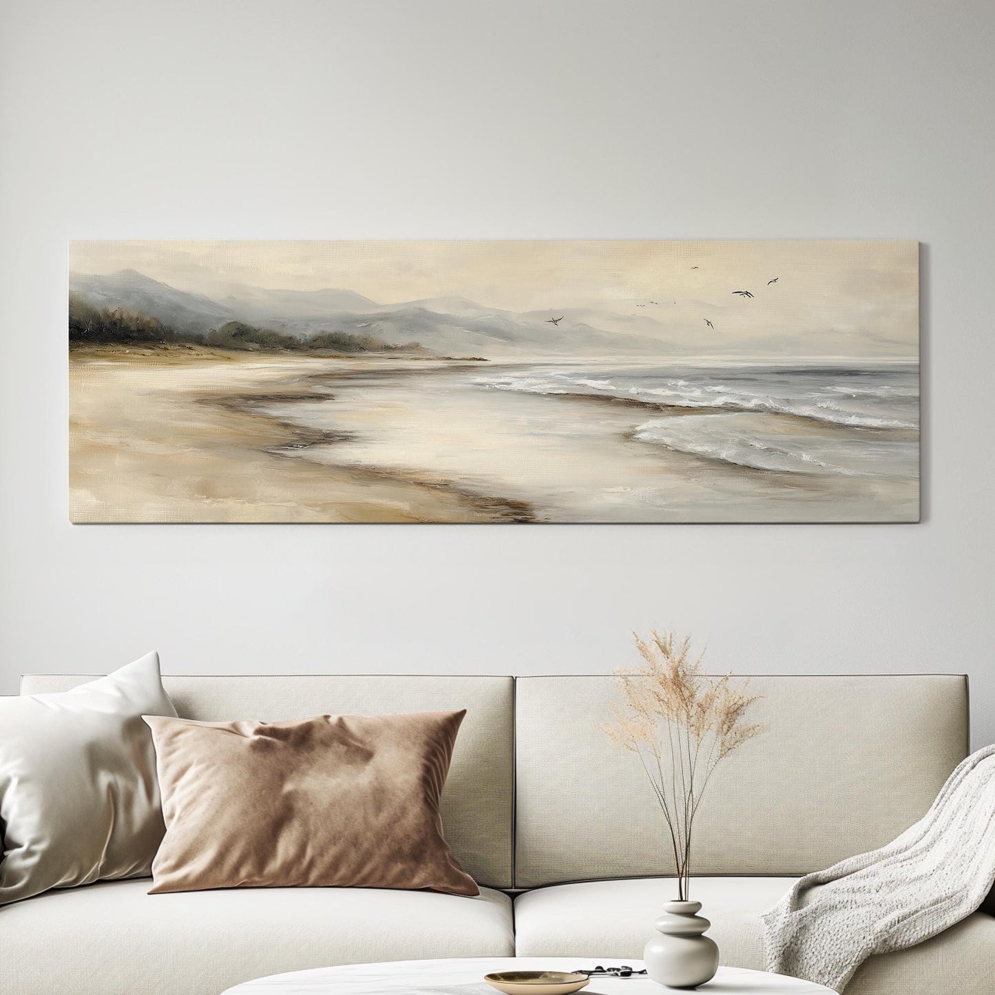 Serene Shoreline Canvas Art Impressionist Print Coastal Wall Art For Bedroom Sandy Beige Art Seascape Decor Panoramic Wall Art