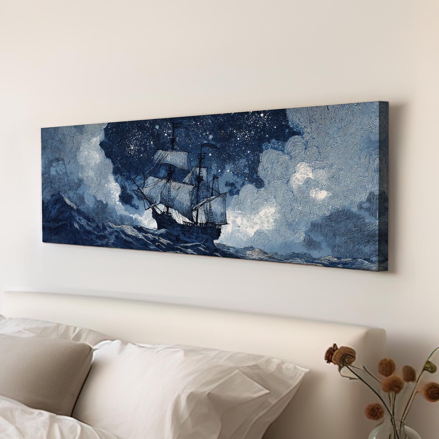 Sailing Through Stars Canvas Art Nautical Dreamscape Print Nautical Wall Art For Living Room Midnight Blue Art Ship Adventure Panoramic Art
