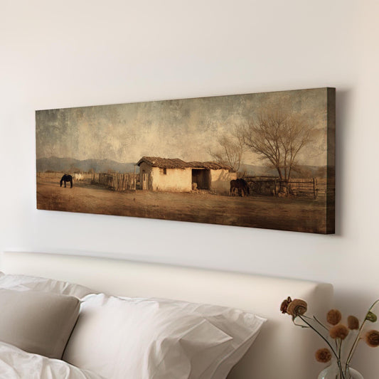 Rustic Homestead Canvas Art Vintage Landscape Print Rustic Wall Art For Living Room Sepia Earth Art Countryside Decor Panoramic Wall Art