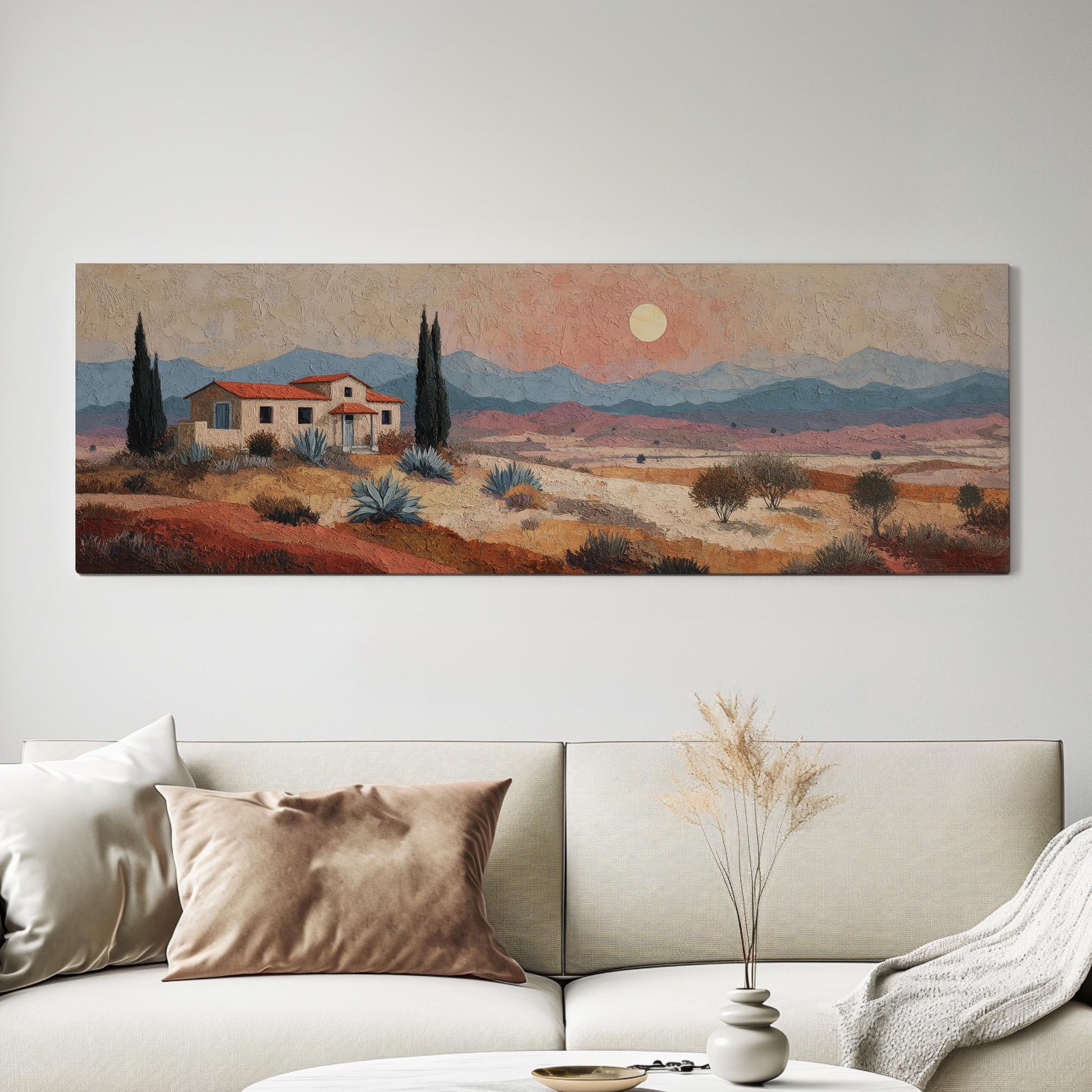 Rustic Hillside Retreat Canvas Art Impressionist Print Mediterranean Wall Art For Living Room Sunset Peach Art Landscape Panoramic Wall Art