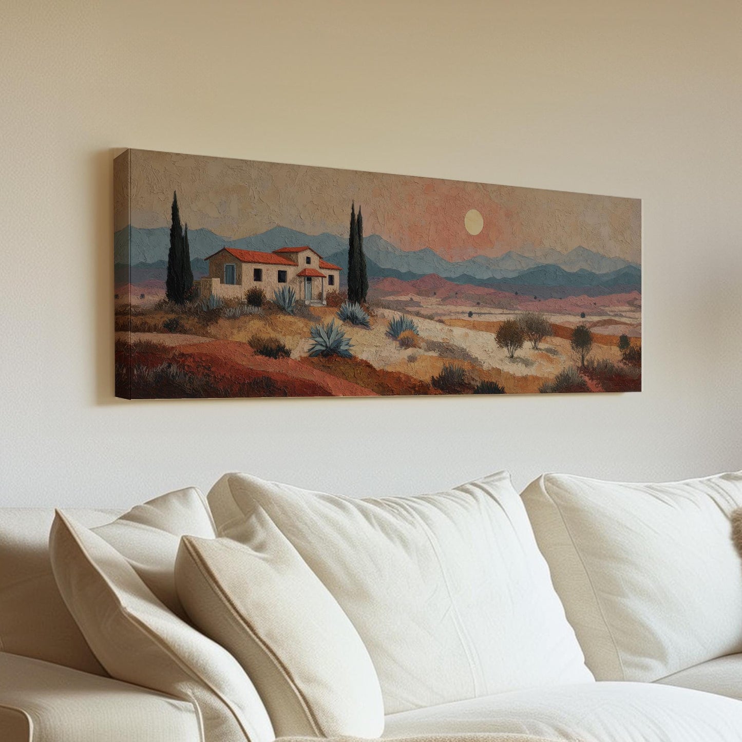 Rustic Hillside Retreat Canvas Art Impressionist Print Mediterranean Wall Art For Living Room Sunset Peach Art Landscape Panoramic Wall Art