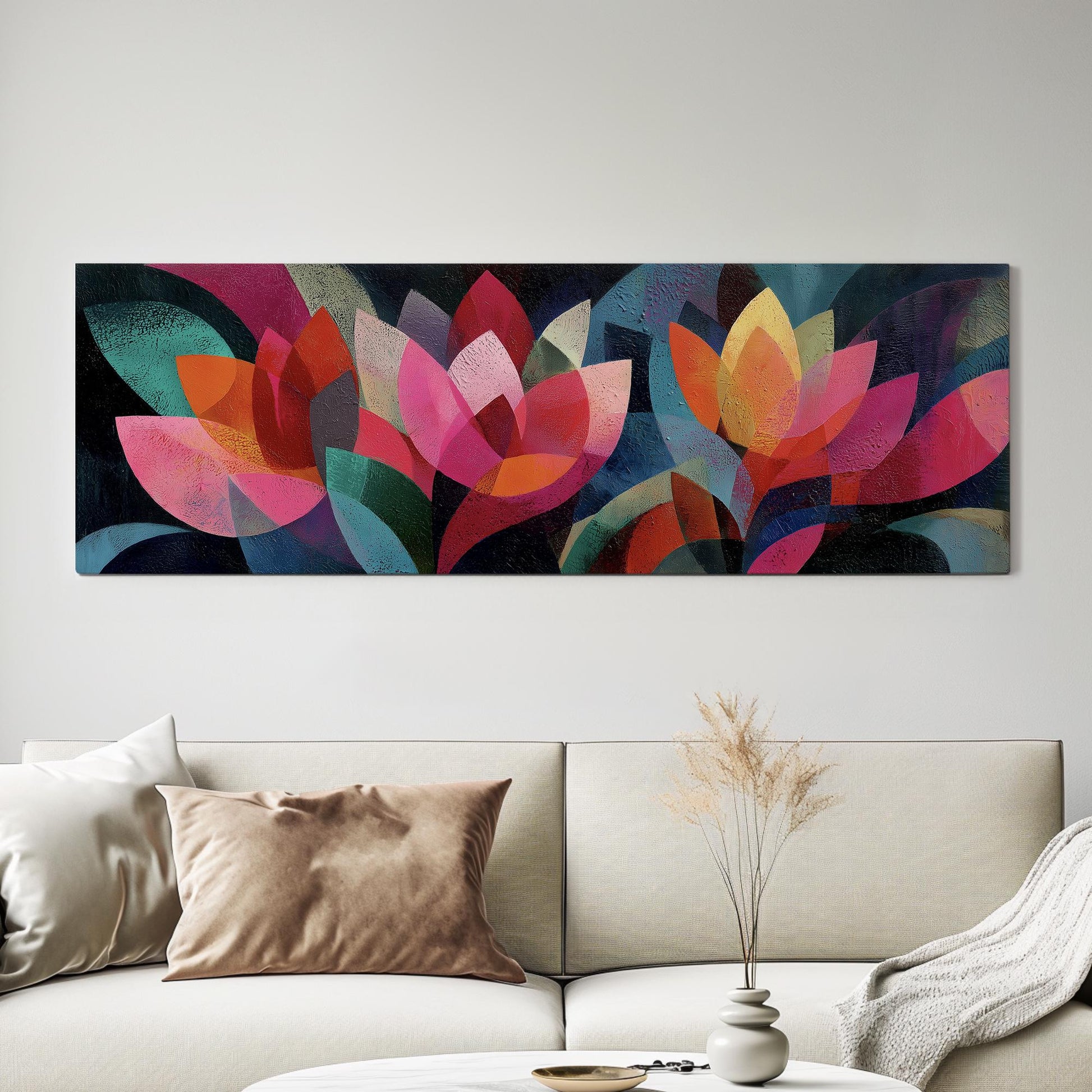Radiant Petals Canvas Art Abstract Print Contemporary Wall Art For Living Room Crimson Night Art Floral Decor Panoramic Wall Art
