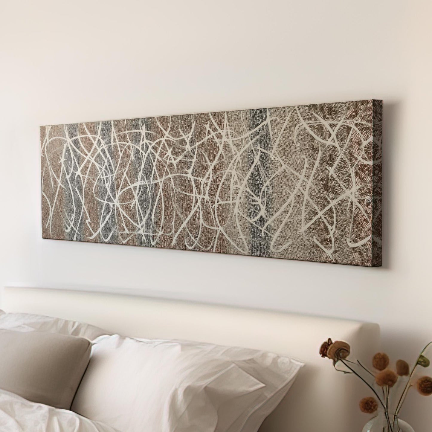 Interwoven Whispers Canvas Art Abstract Print Modern Wall Art For Living Room Cocoa Mist Art Line Patterns Decor Panoramic Wall Art