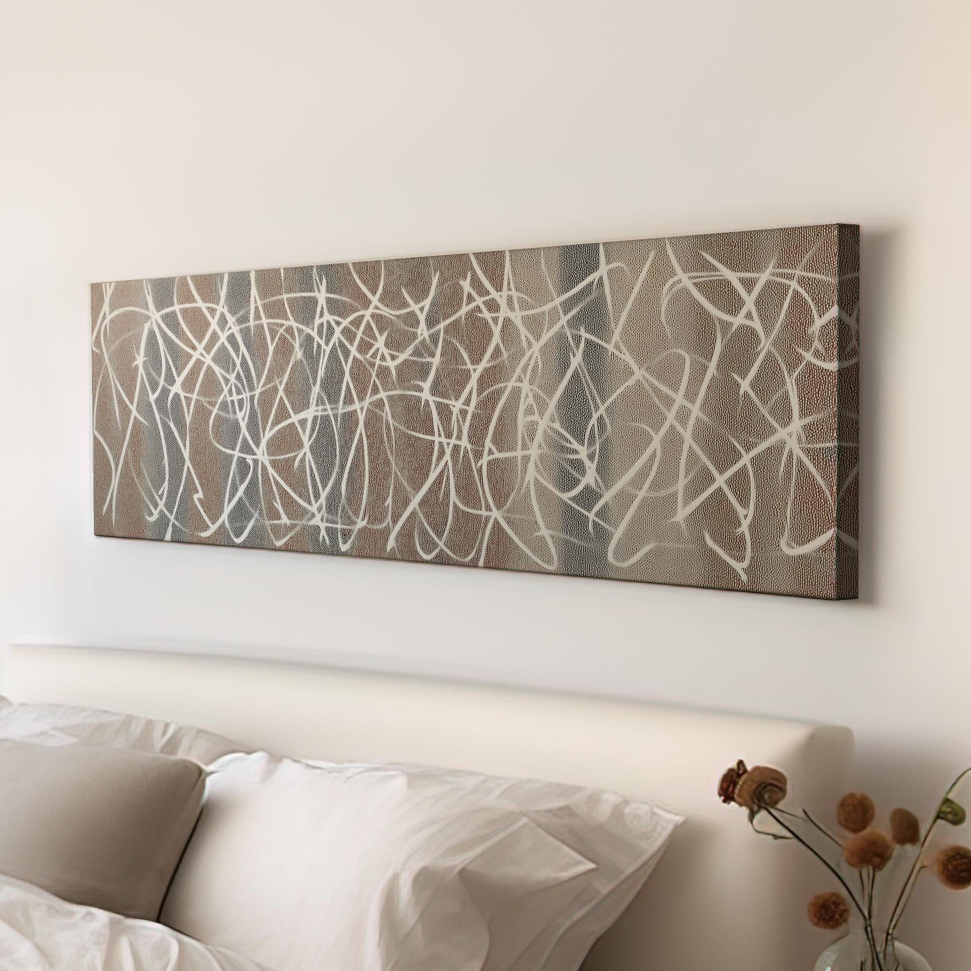 Interwoven Whispers Canvas Art Abstract Print Modern Wall Art For Living Room Cocoa Mist Art Line Patterns Decor Panoramic Wall Art