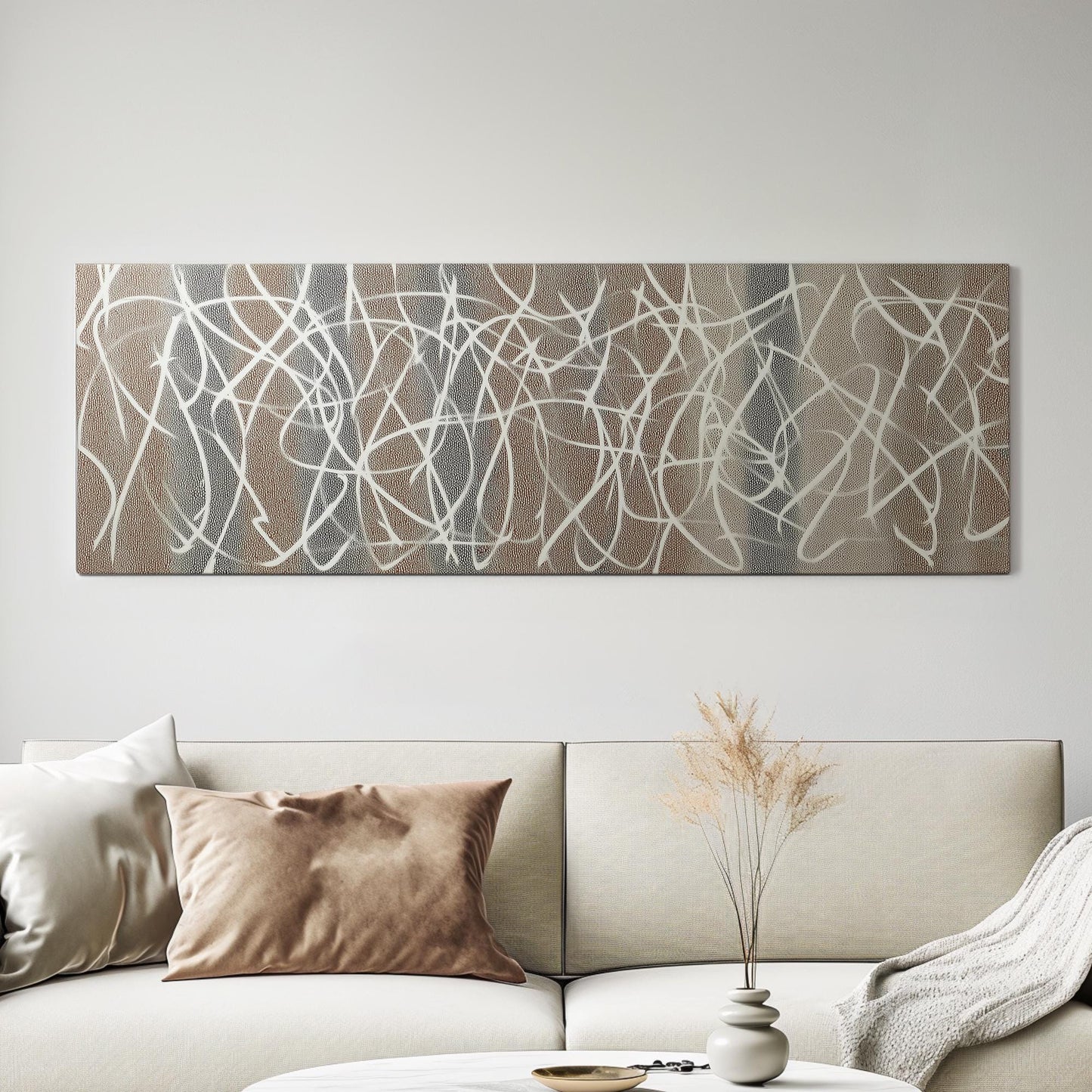 Interwoven Whispers Canvas Art Abstract Print Modern Wall Art For Living Room Cocoa Mist Art Line Patterns Decor Panoramic Wall Art