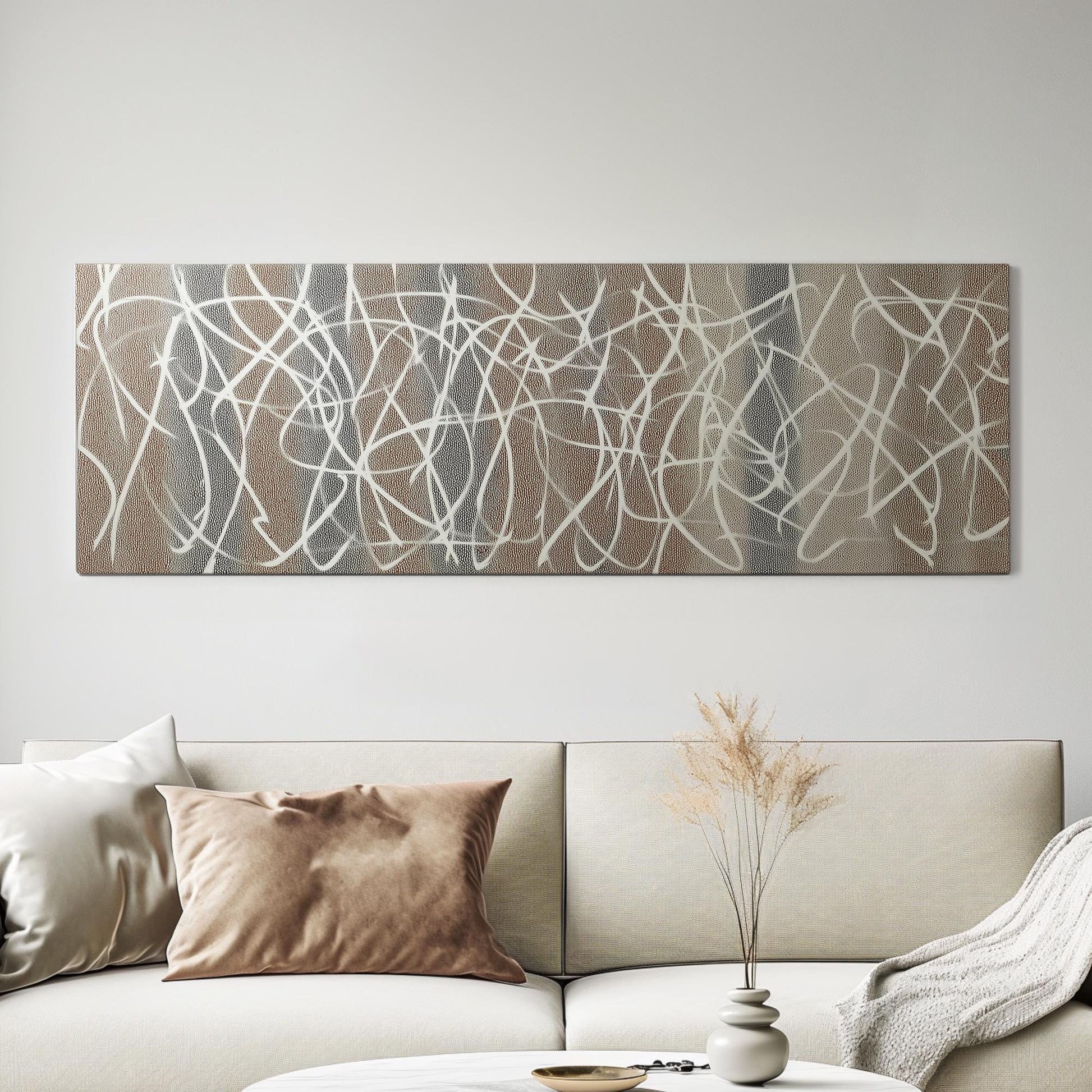 Interwoven Whispers Canvas Art Abstract Print Modern Wall Art For Living Room Cocoa Mist Art Line Patterns Decor Panoramic Wall Art