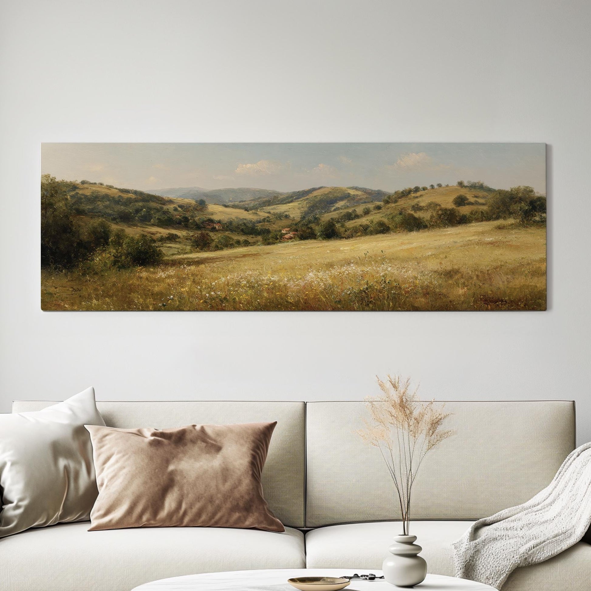 Golden Meadow Canvas Art Impressionist Print Rustic Wall Art For Living Room Sunlit Amber Art Landscape Decor Panoramic Wall Art
