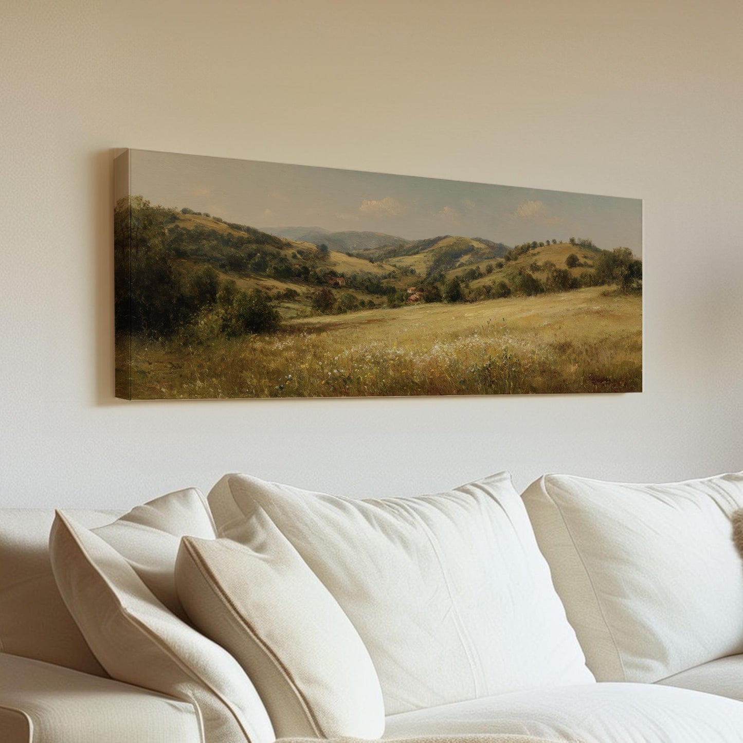 Golden Meadow Canvas Art Impressionist Print Rustic Wall Art For Living Room Sunlit Amber Art Landscape Decor Panoramic Wall Art