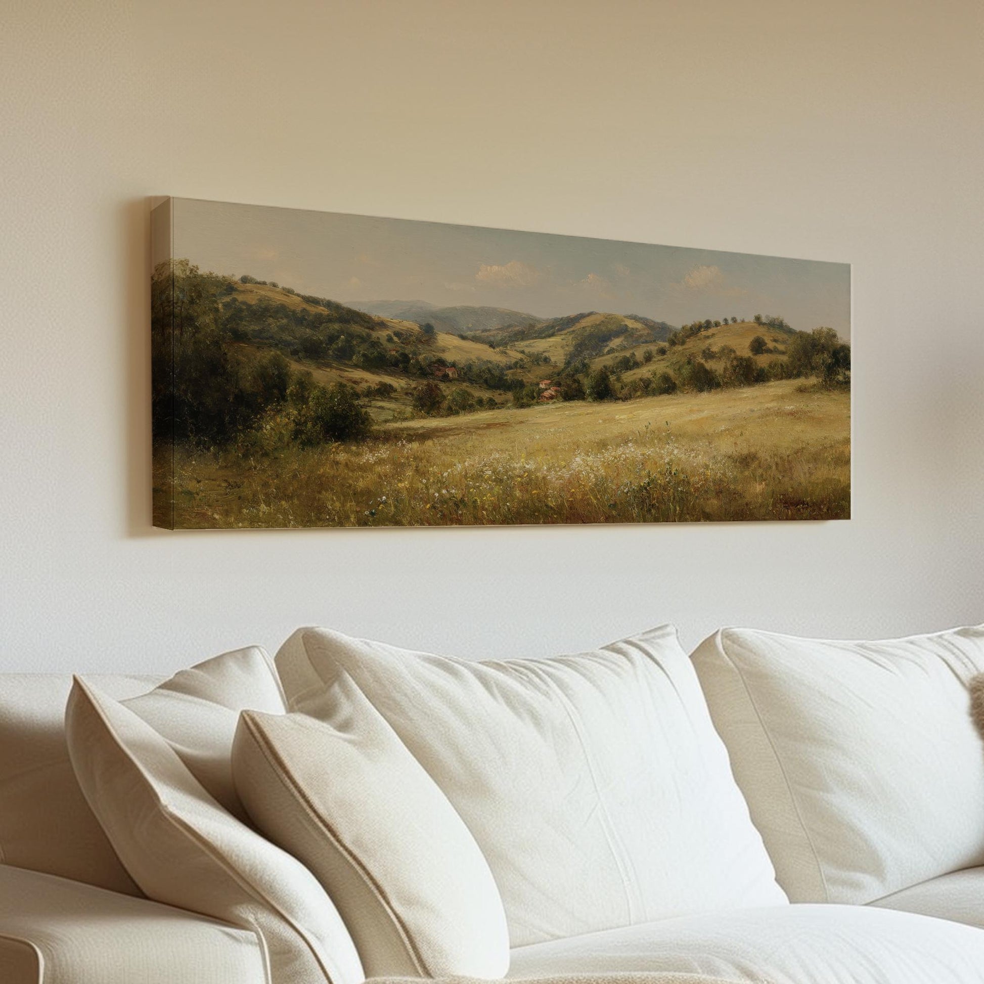 Golden Meadow Canvas Art Impressionist Print Rustic Wall Art For Living Room Sunlit Amber Art Landscape Decor Panoramic Wall Art