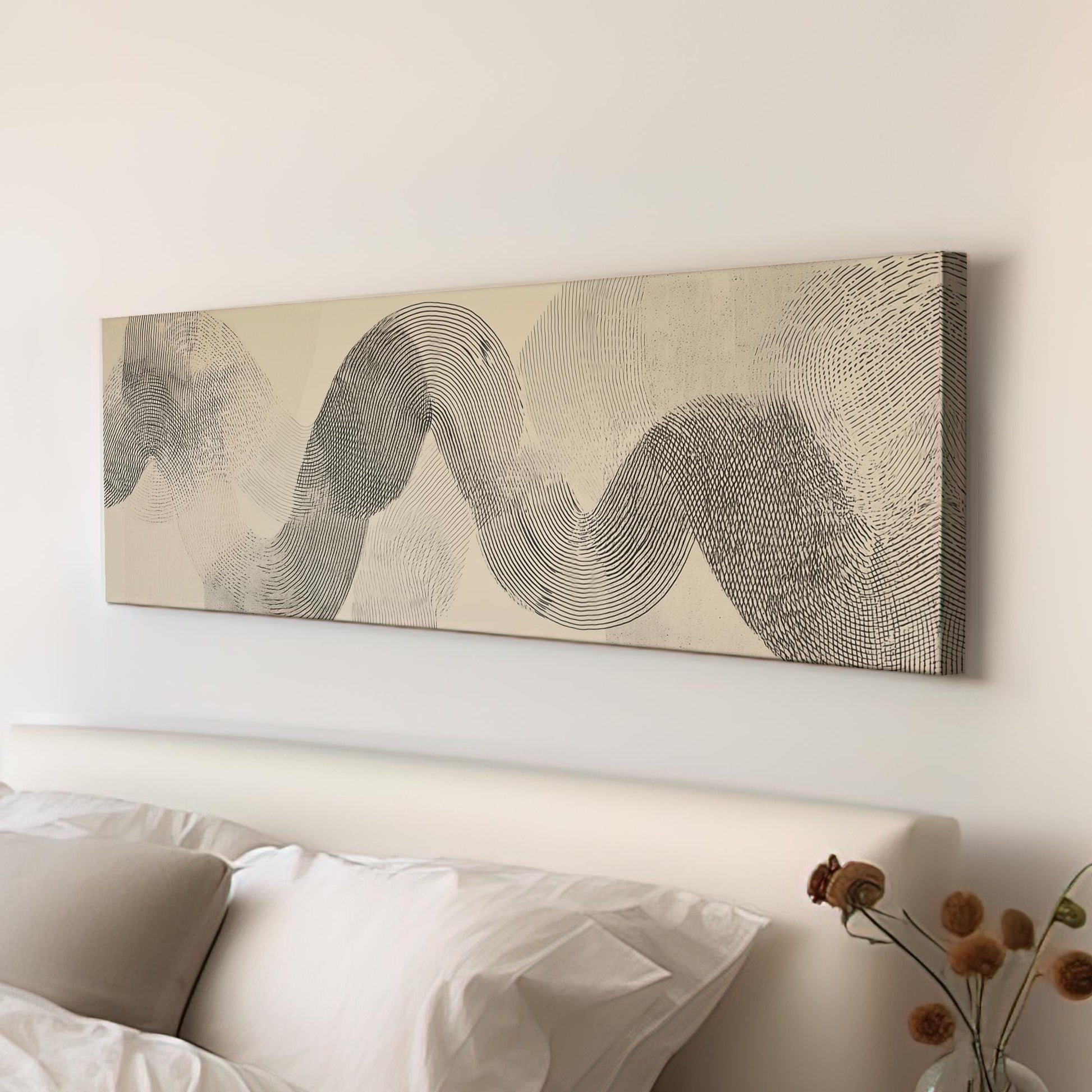 Flowing Lines Canvas Art Abstract Print Modern Wall Art For Living Room Sandy Beige Art Pattern Decor Panoramic Wall Art