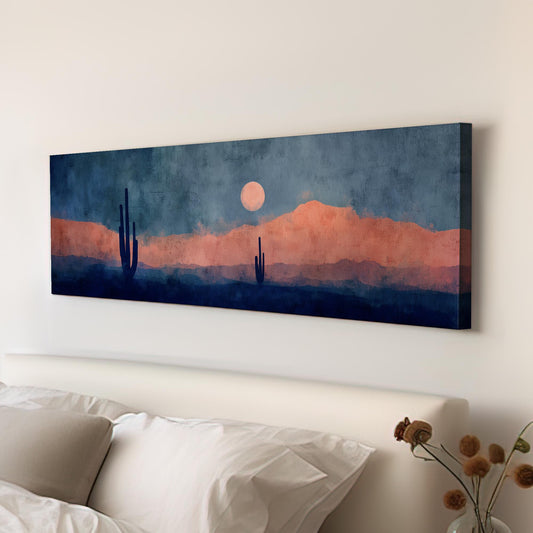 Desert Moonrise Canvas Art Abstract Landscape Print Modern Wall Art For Living Room Coral Dusk Art Cactus Decor Panoramic Wall Art