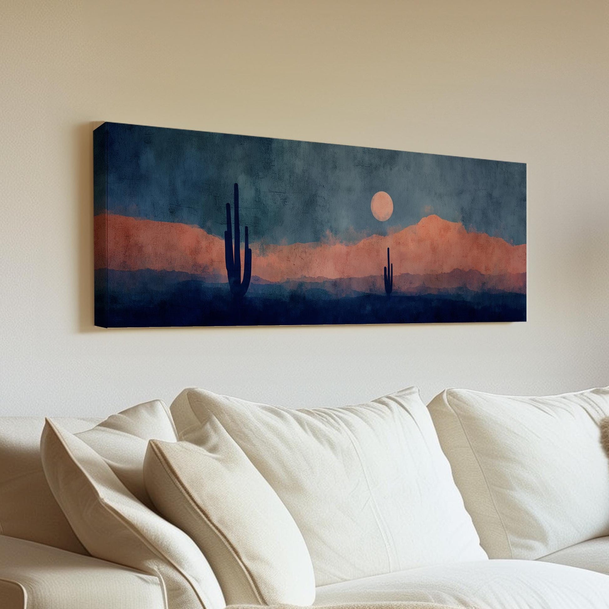 Desert Moonrise Canvas Art Abstract Landscape Print Modern Wall Art For Living Room Coral Dusk Art Cactus Decor Panoramic Wall Art