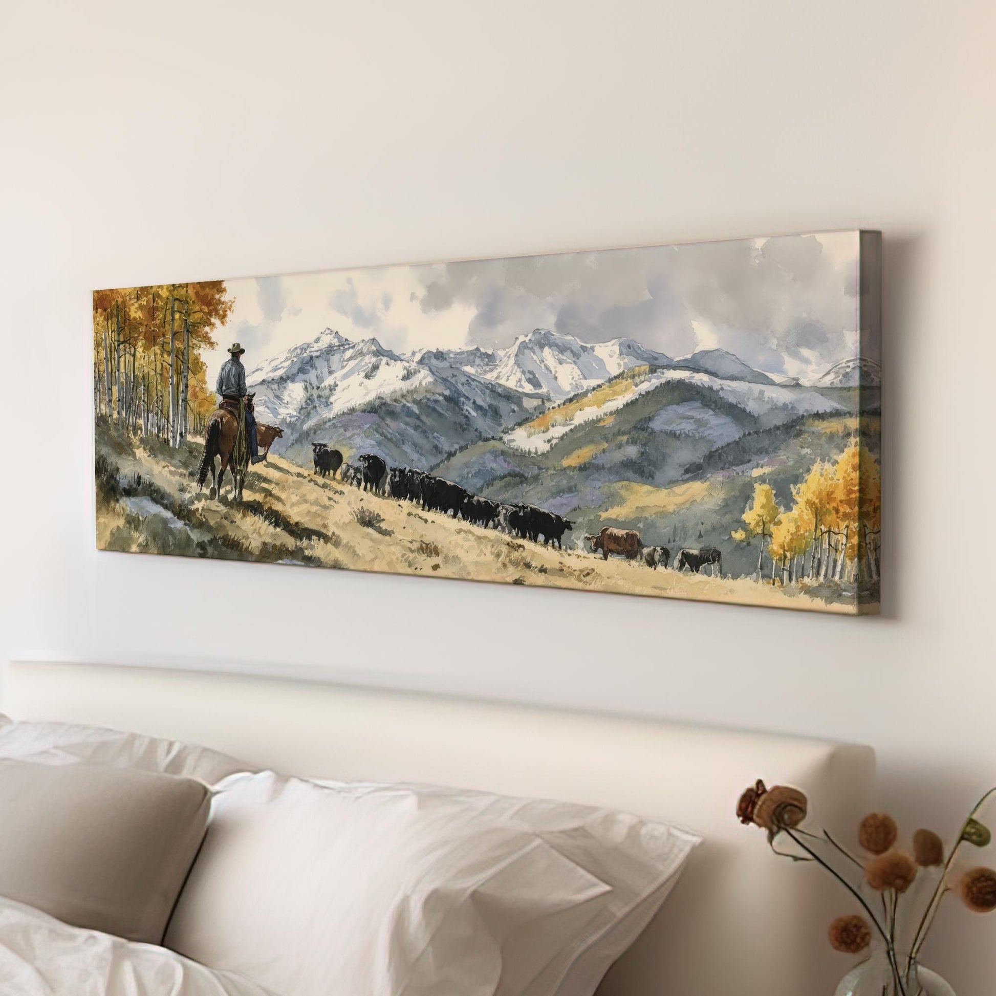 Cowboys Journey Canvas Art Western Landscape Print Rustic Wall Art For Living Room Golden Aspen Art Mountain Range Decor Panoramic Wall Art