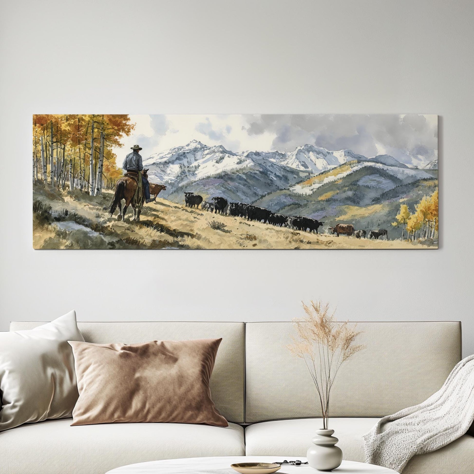 Cowboys Journey Canvas Art Western Landscape Print Rustic Wall Art For Living Room Golden Aspen Art Mountain Range Decor Panoramic Wall Art