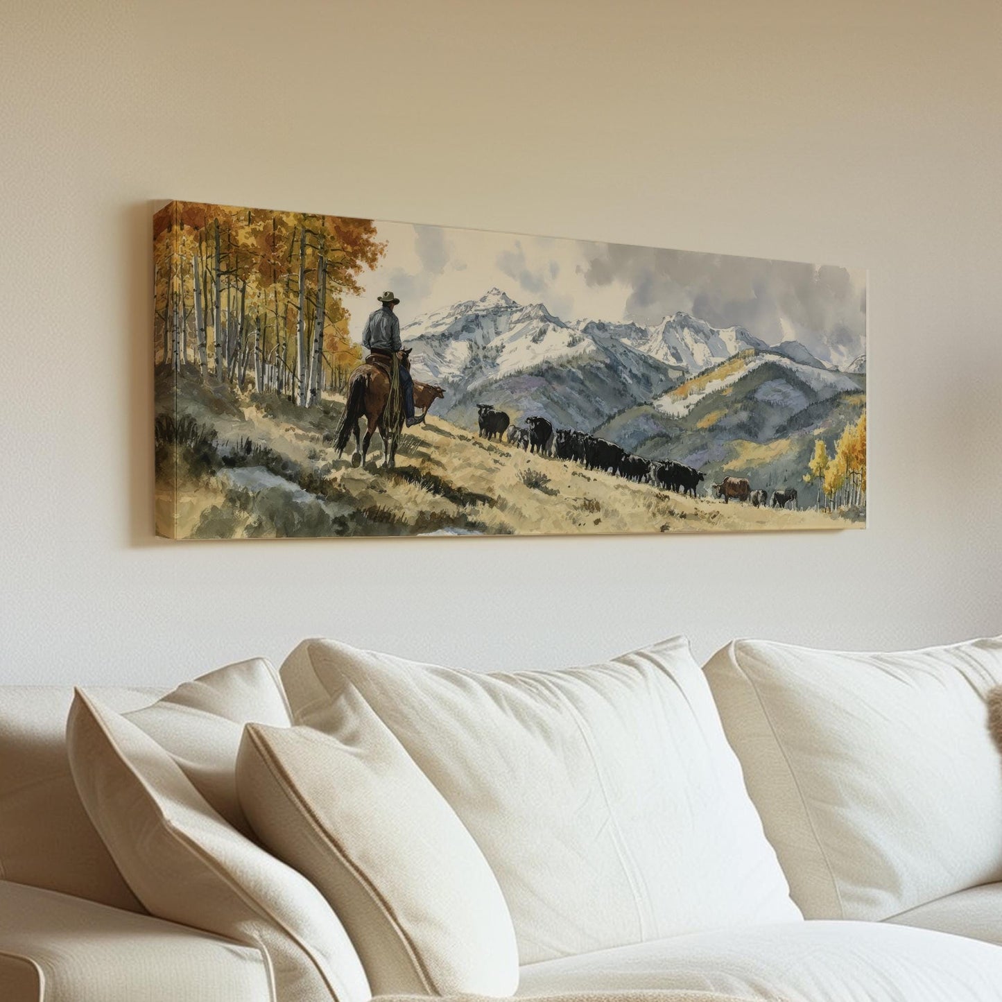 Cowboys Journey Canvas Art Western Landscape Print Rustic Wall Art For Living Room Golden Aspen Art Mountain Range Decor Panoramic Wall Art