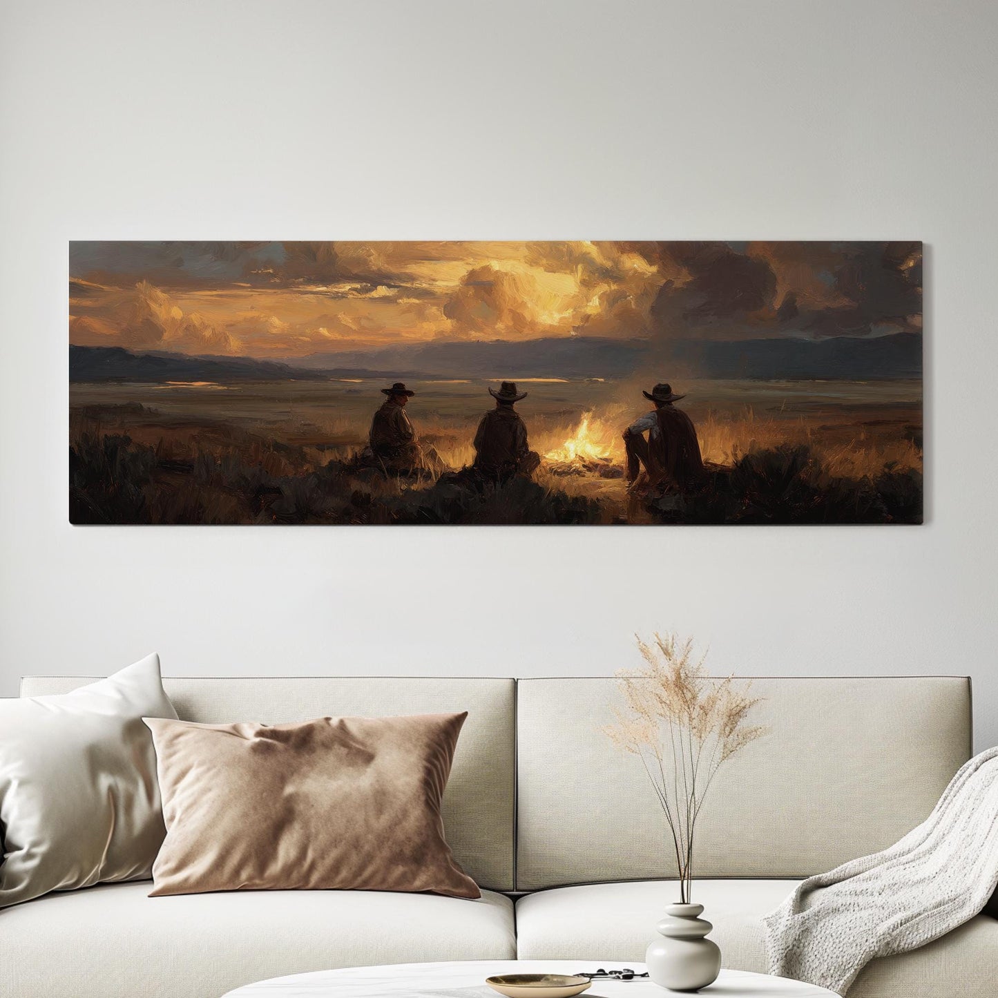 Cowboys at Dusk Canvas Print: Western Landscape, Rustic Wall Art