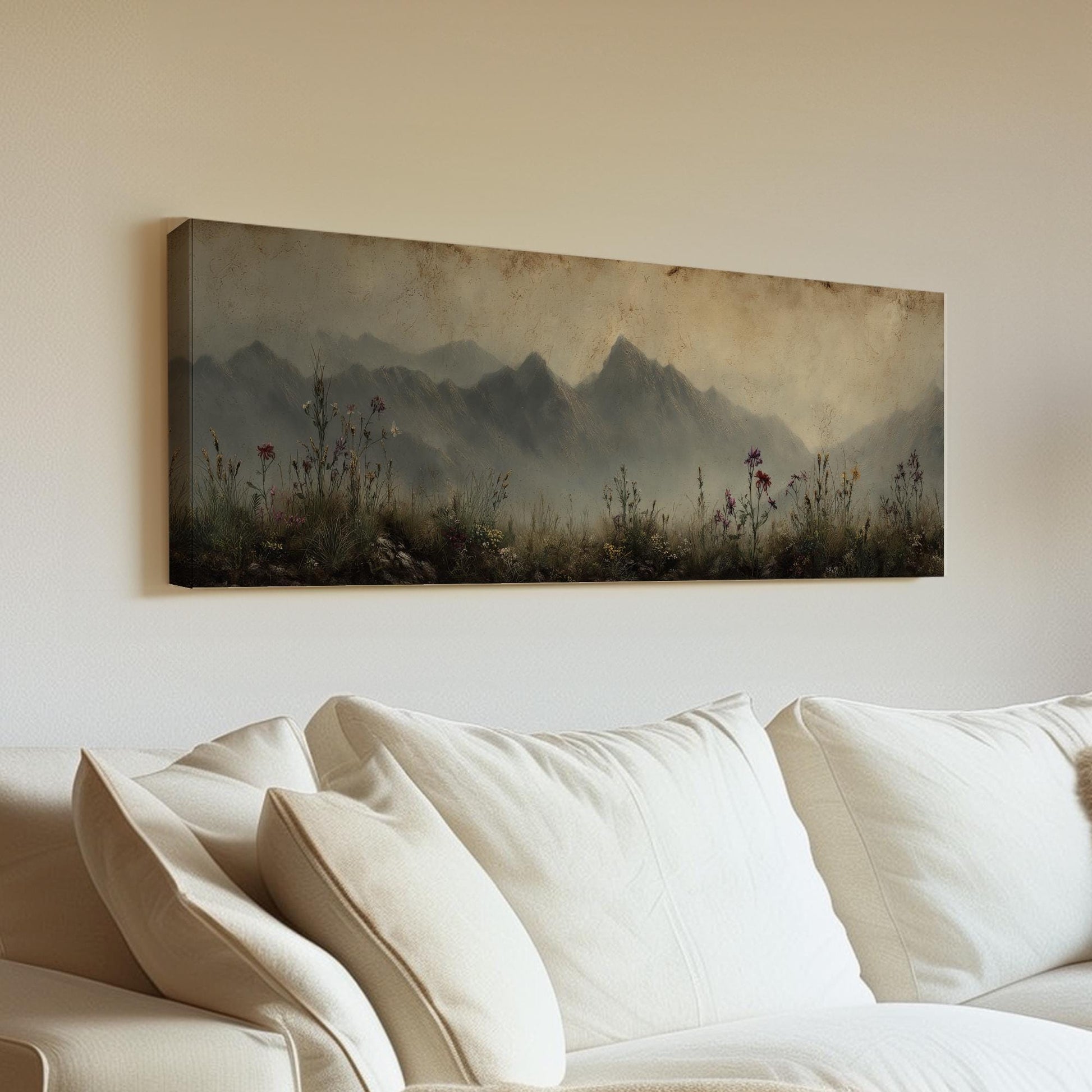 Blooming Peaks Canvas Art Landscape Print Rustic Wall Art For Living Room Misty Slate Art Mountain Decor Panoramic Wall Art