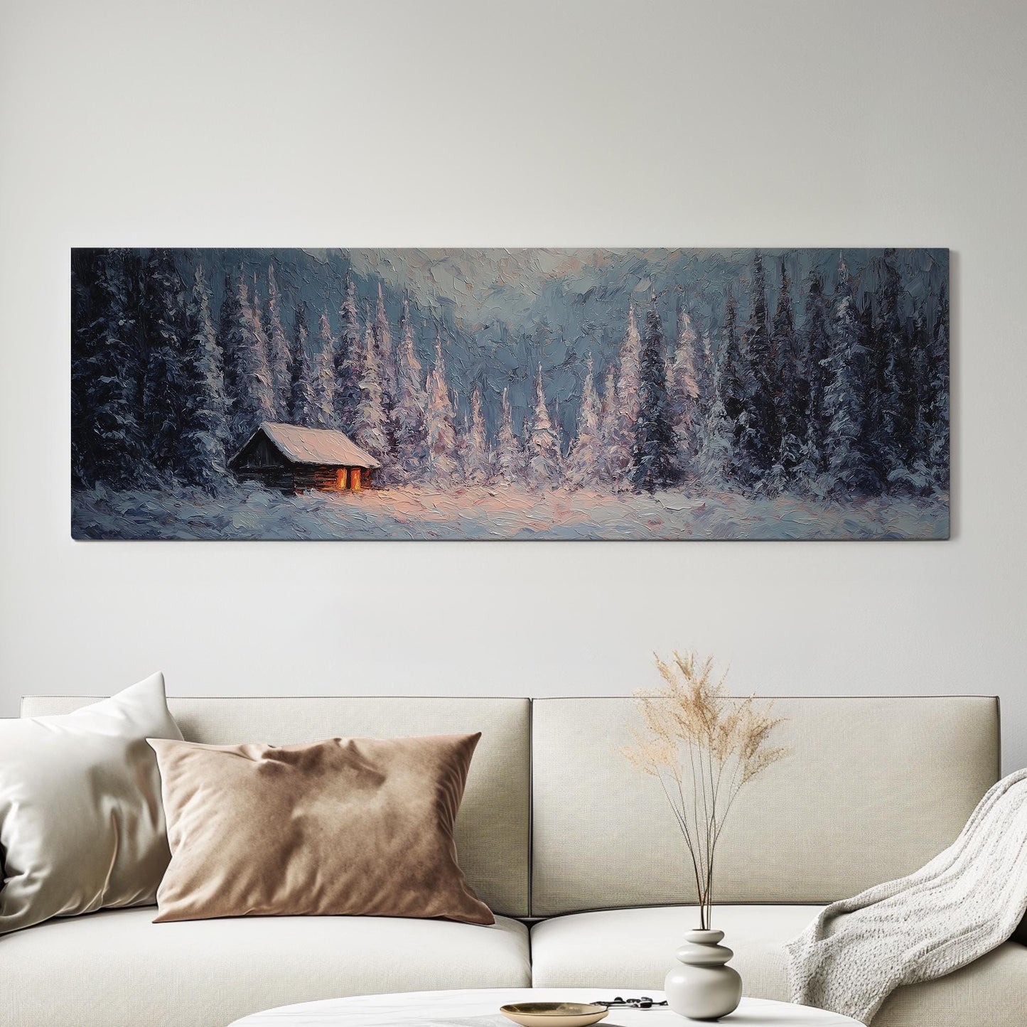 Cozy Winter Cabin Canvas Art Impressionist Print Rustic Wall Art For Living Room Frosted Sapphire Art Snowy Landscape Decor Panoramic Art