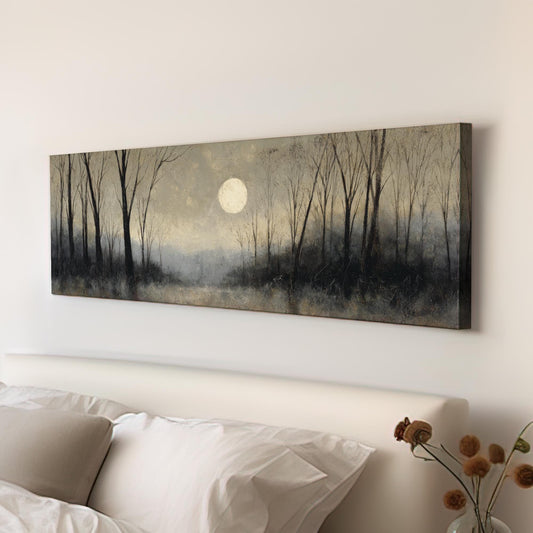 Moonlit Forest Canvas Art Impressionist Print Rustic Wall Art For Bedroom Silver Moonlight Art Woodland Decor Panoramic Wall Art