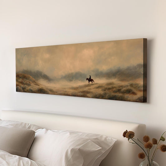 Lone Rider Horizon Canvas Art Western Landscape Print Rustic Wall Art For Living Room Sandy Bronze Art Wilderness Decor Panoramic Wall Art