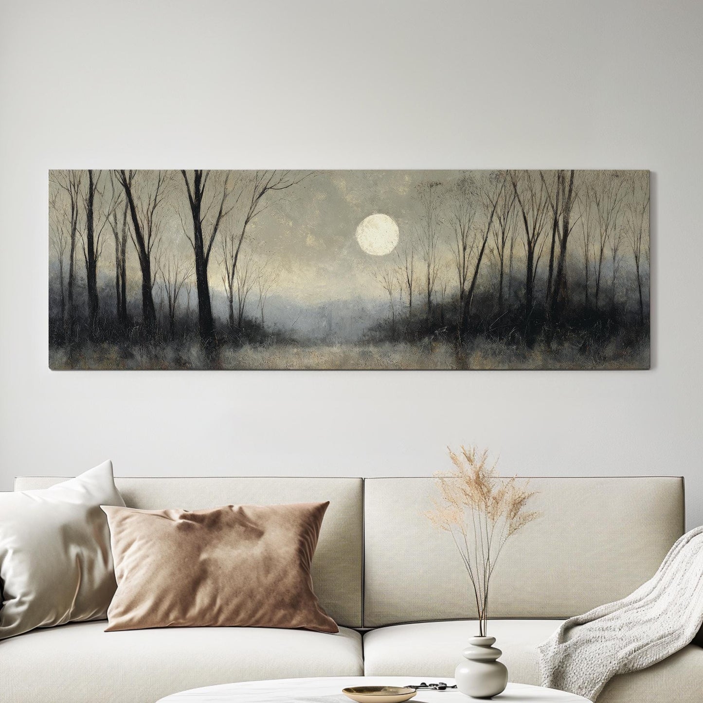 Moonlit Forest Canvas Art Impressionist Print Rustic Wall Art For Bedroom Silver Moonlight Art Woodland Decor Panoramic Wall Art
