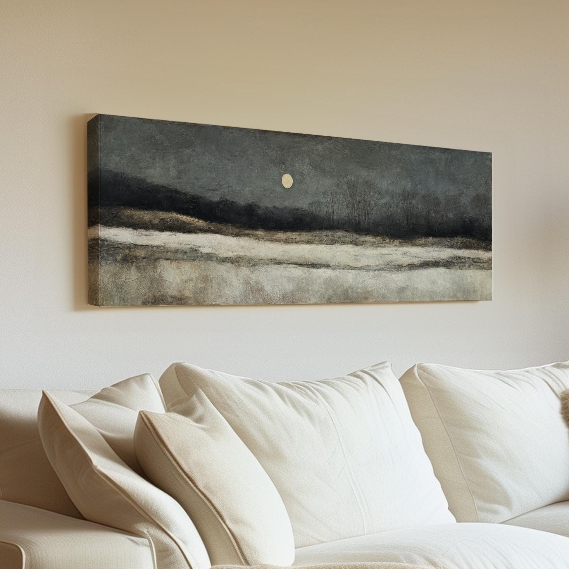 Moonlit Winter Landscape Canvas Art Impressionist Print Rustic Wall Art For Living Room Midnight Blue Art Nocturnal Scene Panoramic Wall Art