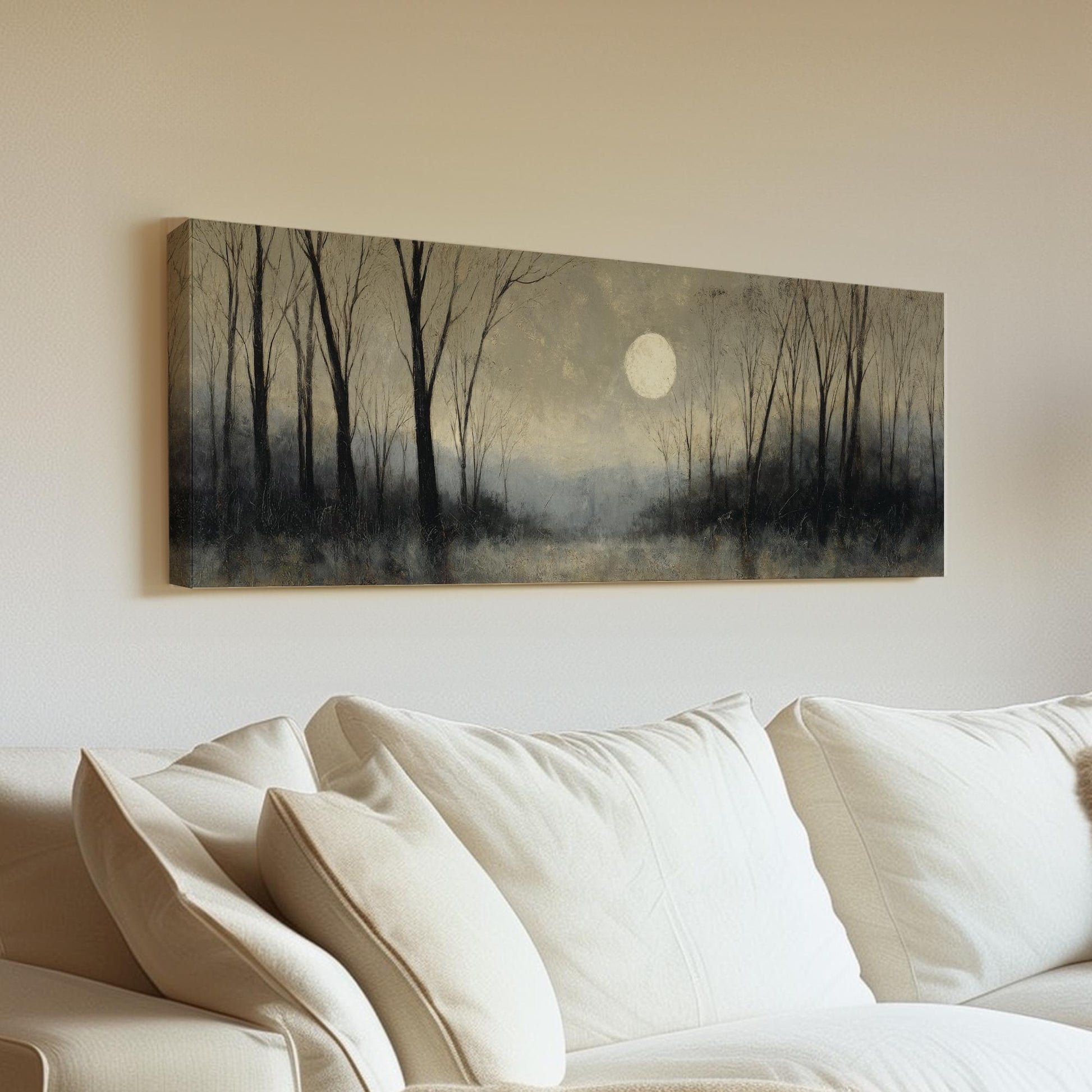 Moonlit Forest Canvas Art Impressionist Print Rustic Wall Art For Bedroom Silver Moonlight Art Woodland Decor Panoramic Wall Art
