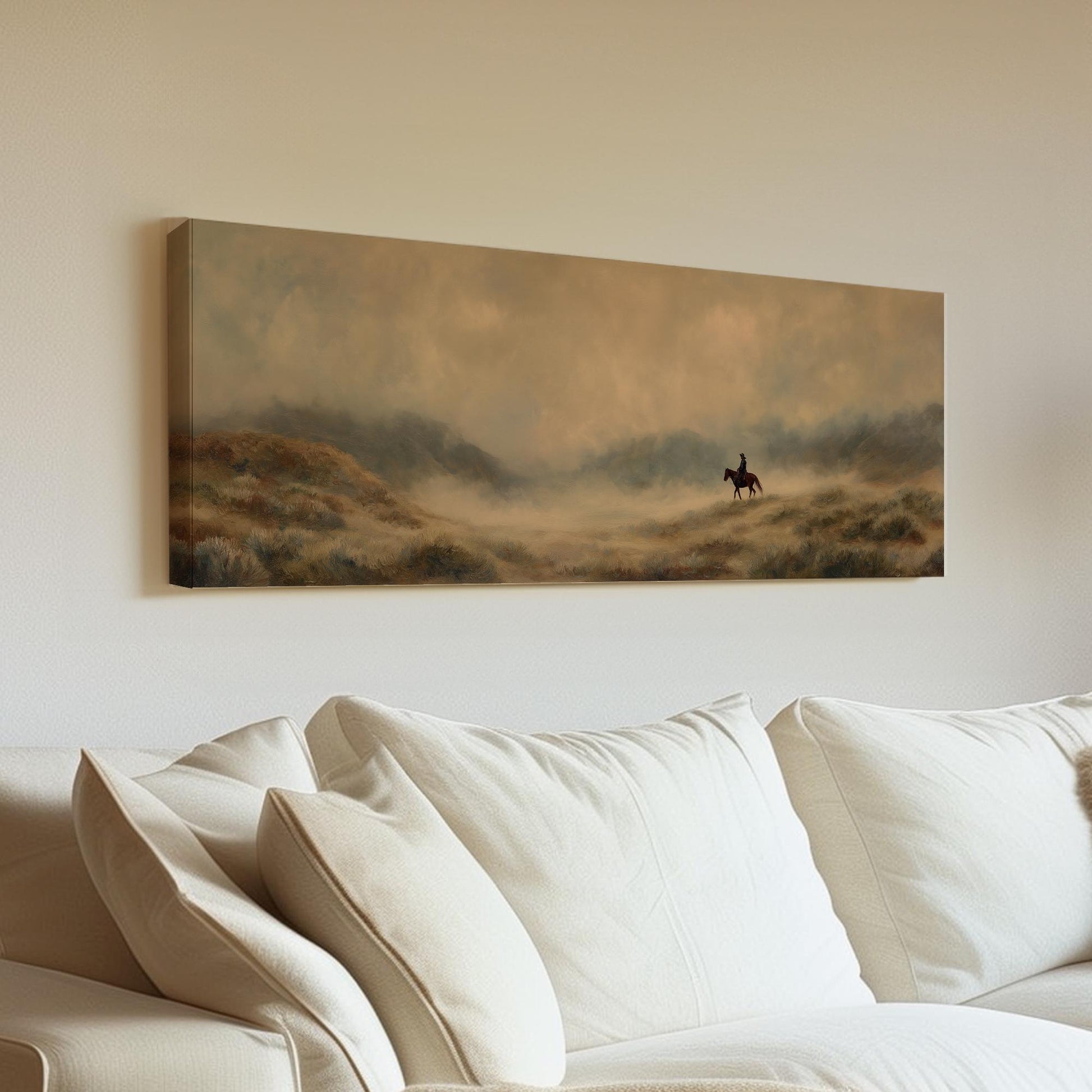 Lone Rider Horizon Canvas Art Western Landscape Print Rustic Wall Art For Living Room Sandy Bronze Art Wilderness Decor Panoramic Wall Art