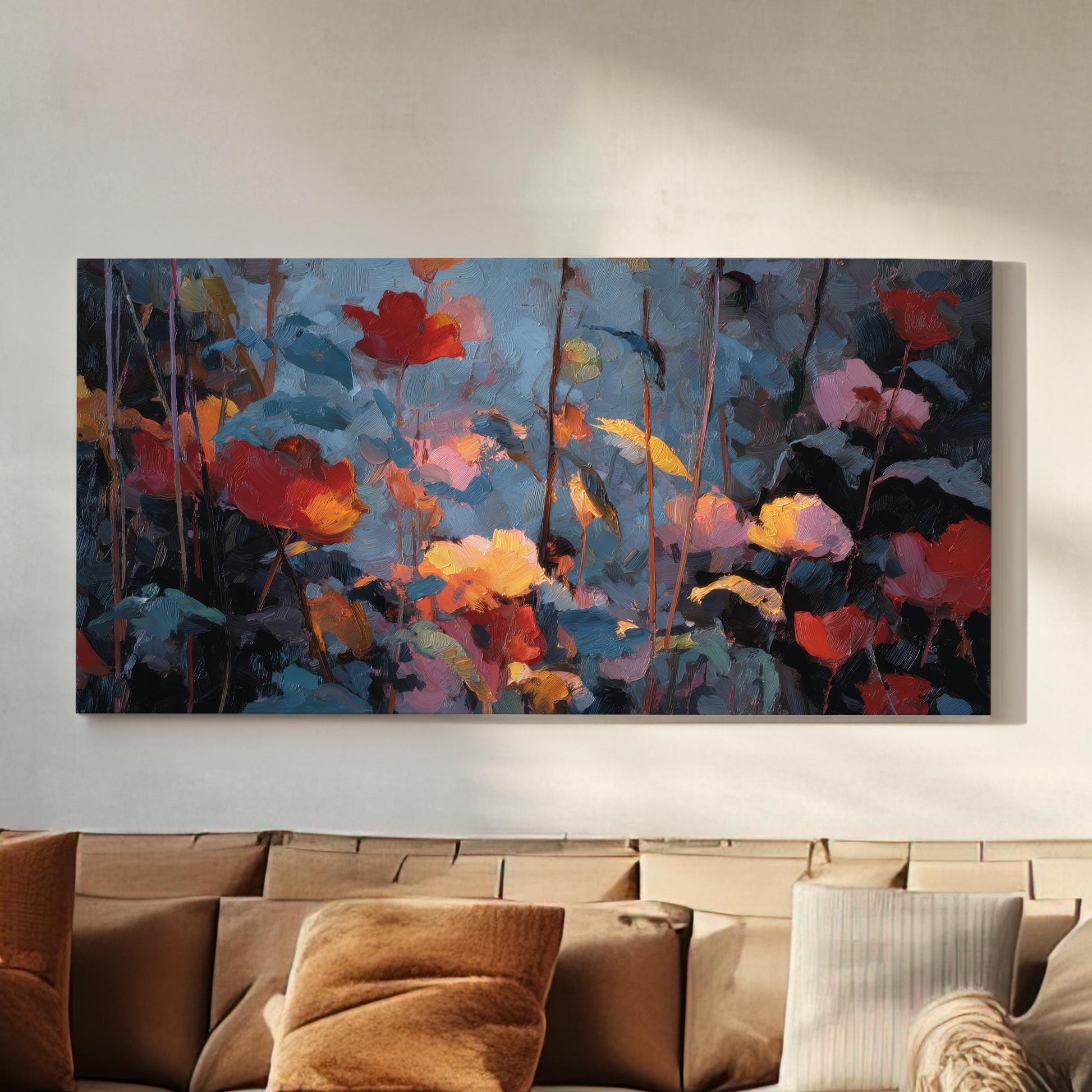 Vibrant Floral Symphony Canvas Art | Impressionist Print | Modern Wall Art For Living Room | Sunset Coral Art | Blooming Garden Decor Art
